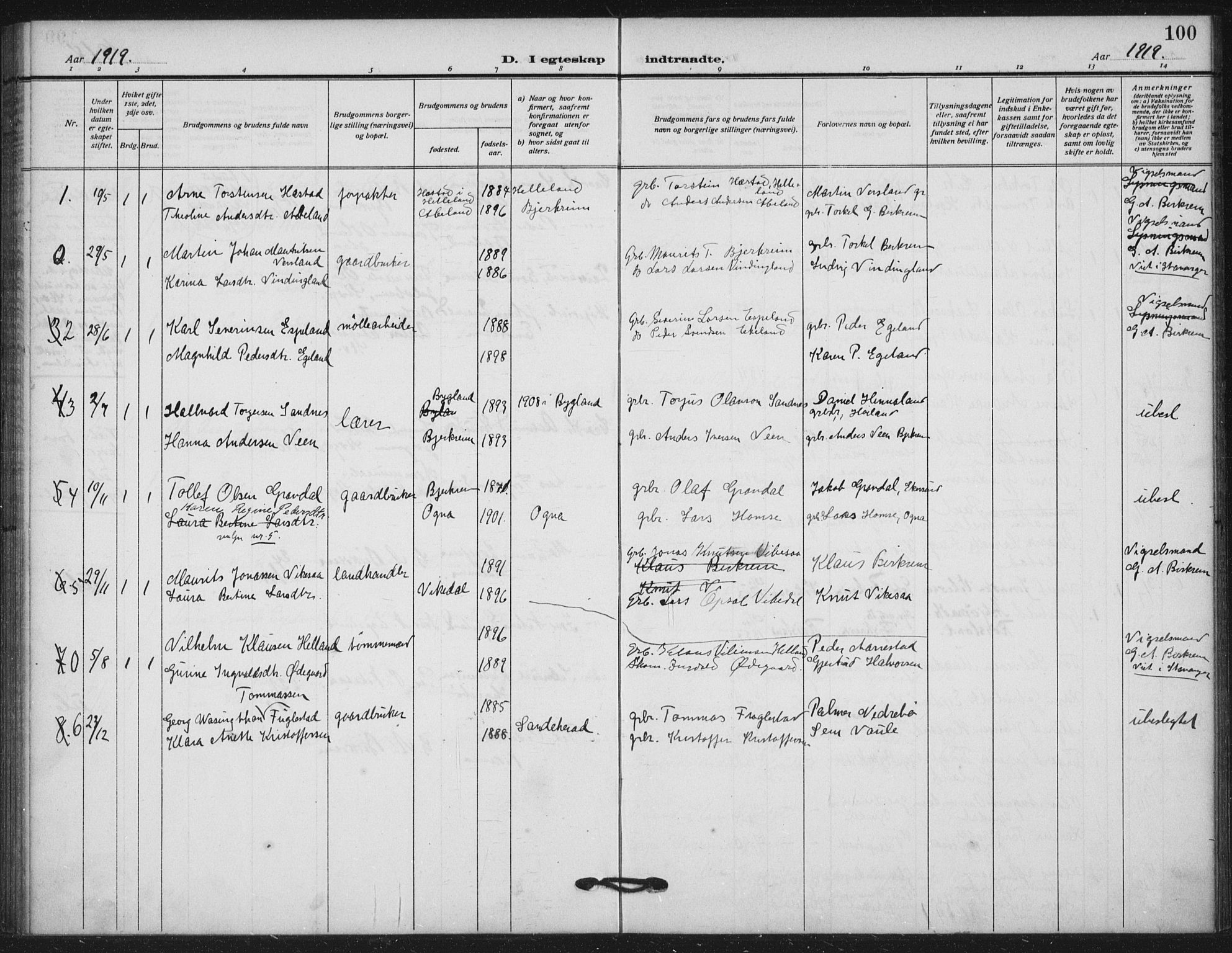 Helleland sokneprestkontor, AV/SAST-A-101810: Parish register (official) no. A 11, 1909-1922, p. 100