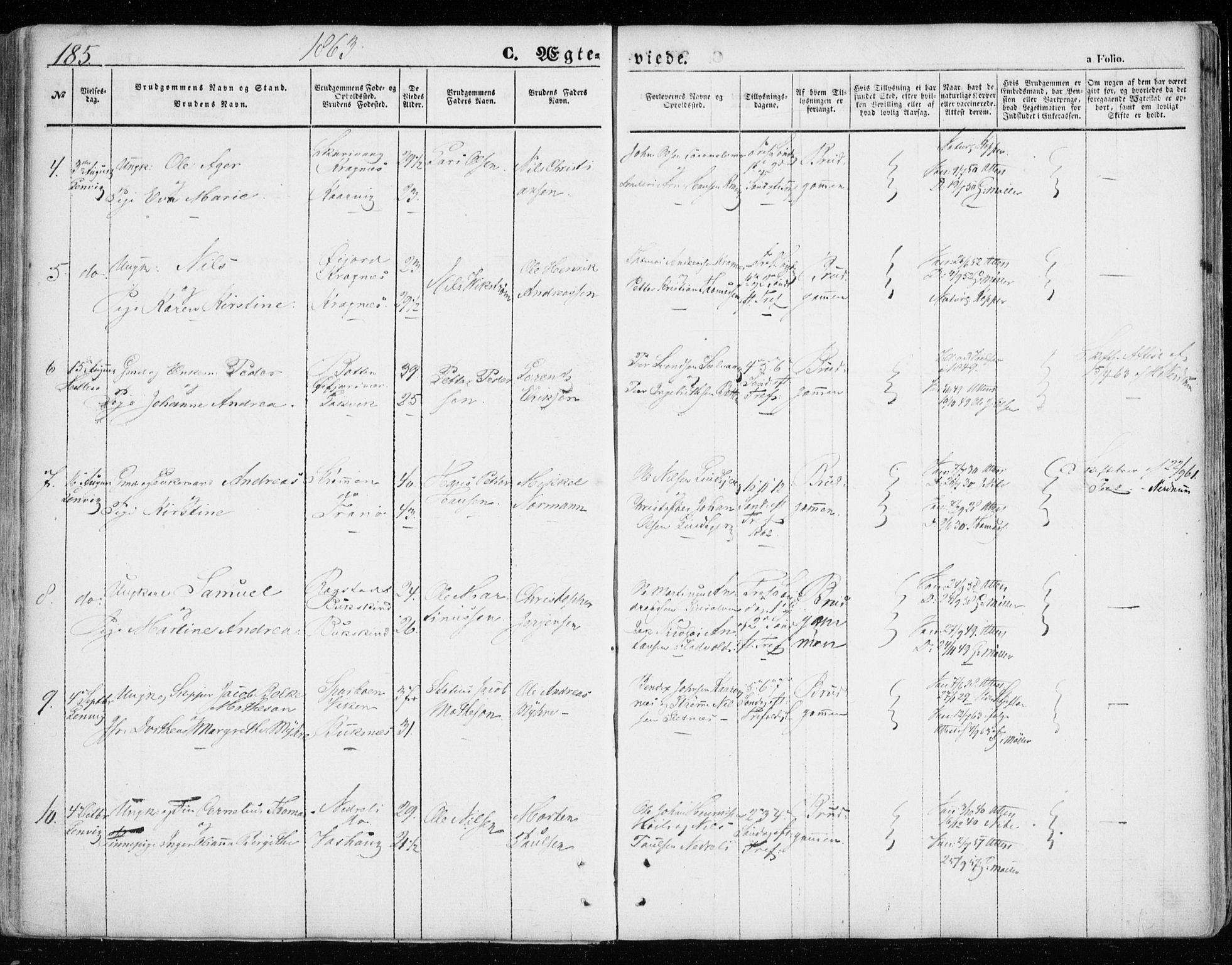 Lenvik sokneprestembete, SATØ/S-1310/H/Ha/Haa/L0007kirke: Parish register (official) no. 7, 1855-1865, p. 185