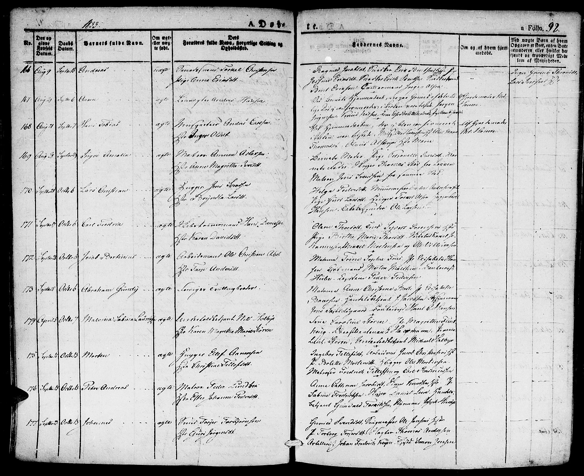 Kristiansand domprosti, AV/SAK-1112-0006/F/Fa/L0011: Parish register (official) no. A 11, 1827-1841, p. 92