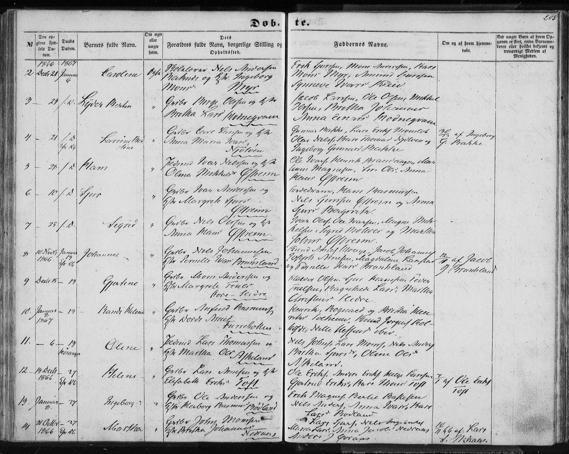 Lindås Sokneprestembete, AV/SAB-A-76701/H/Haa/Haaa/L0011: Parish register (official) no. A 11, 1854-1869, p. 203