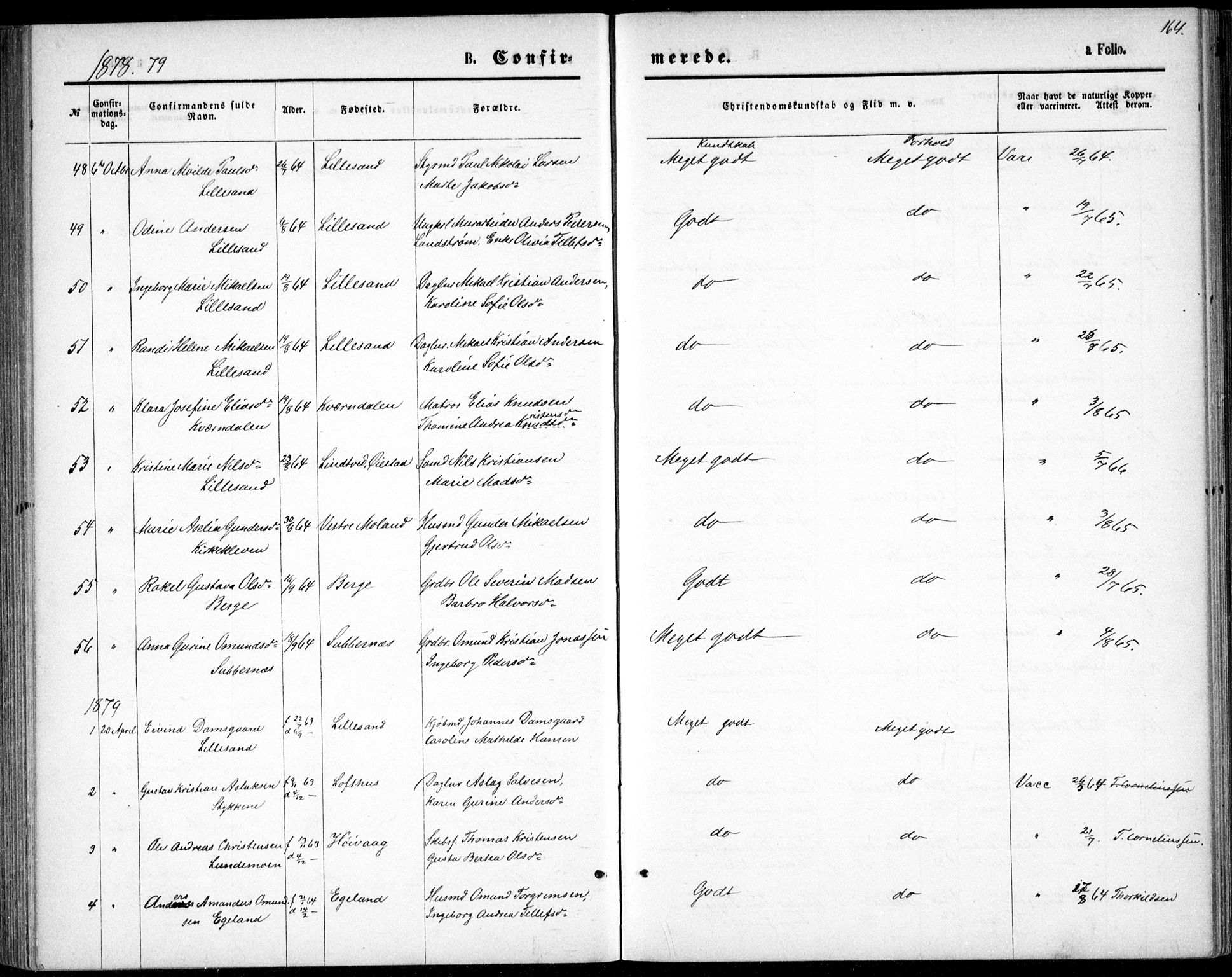 Vestre Moland sokneprestkontor, AV/SAK-1111-0046/F/Fb/Fbb/L0005: Parish register (copy) no. B 5, 1872-1883, p. 164