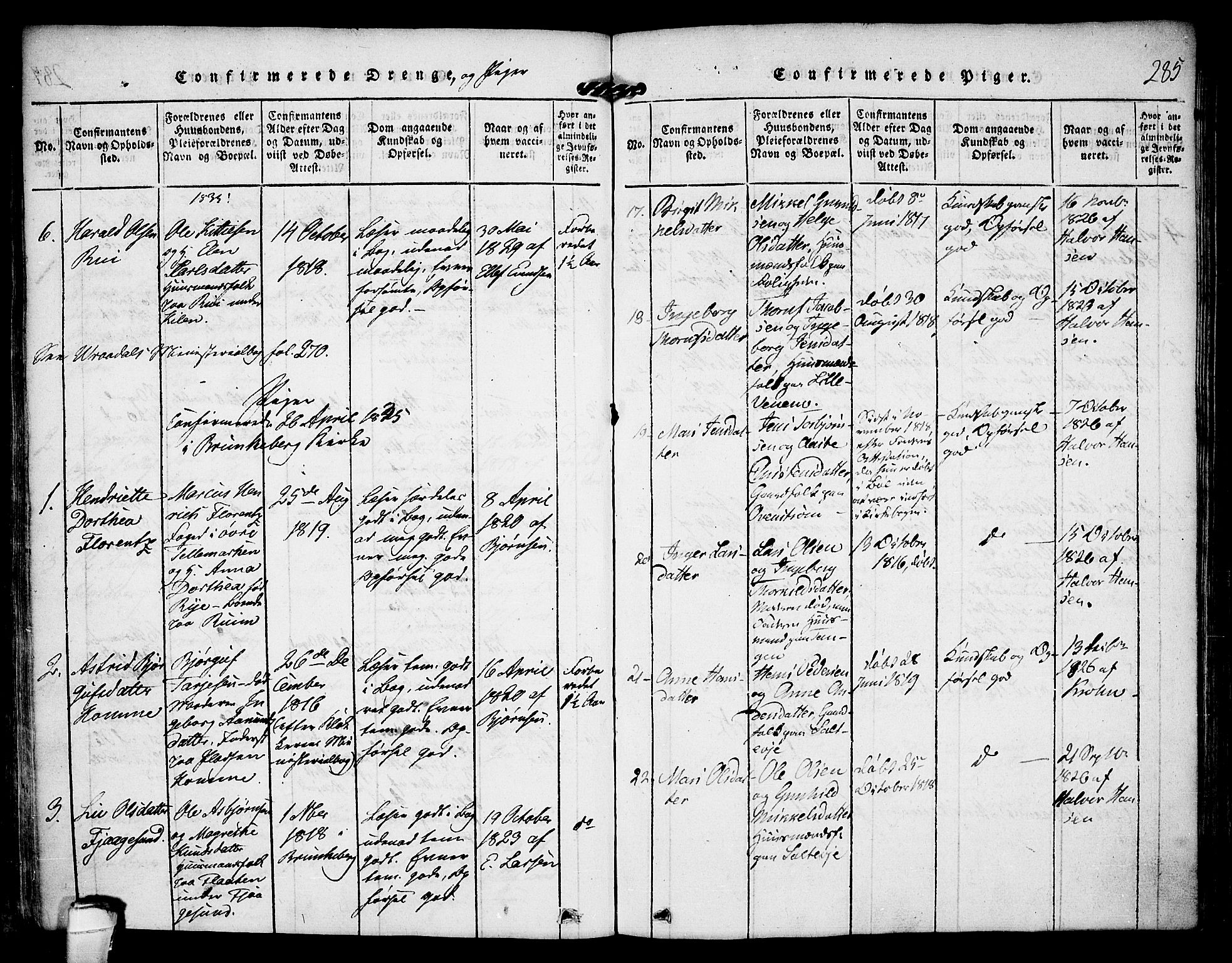 Kviteseid kirkebøker, SAKO/A-276/F/Fa/L0005: Parish register (official) no. I 5, 1815-1836, p. 285