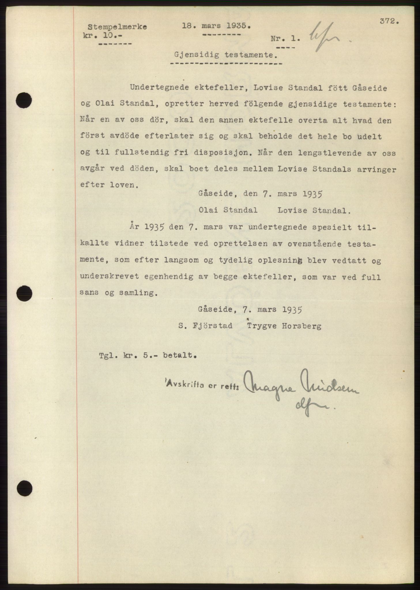 Nordre Sunnmøre sorenskriveri, AV/SAT-A-0006/1/2/2C/2Ca/L0057: Mortgage book no. 57, 1934-1935, Deed date: 18.03.1935