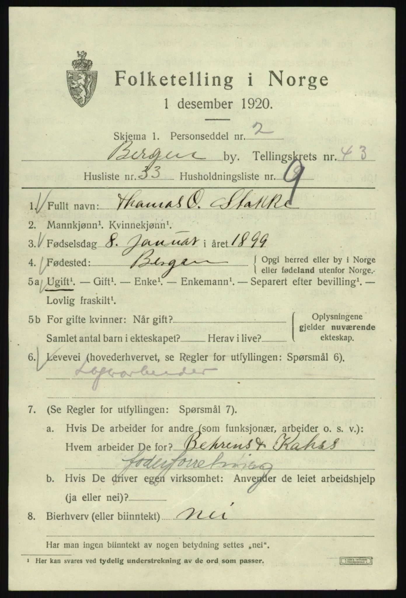 SAB, 1920 census for Bergen, 1920, p. 112344