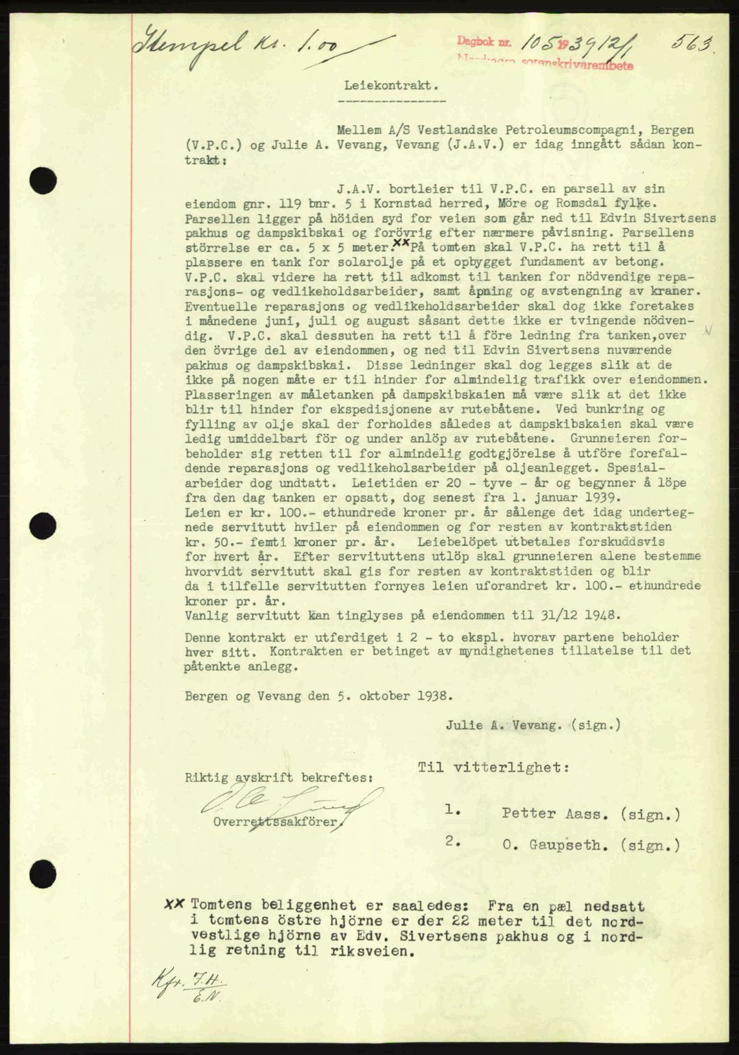 Nordmøre sorenskriveri, SAT/A-4132/1/2/2Ca: Mortgage book no. B84, 1938-1939, Diary no: : 105/1939