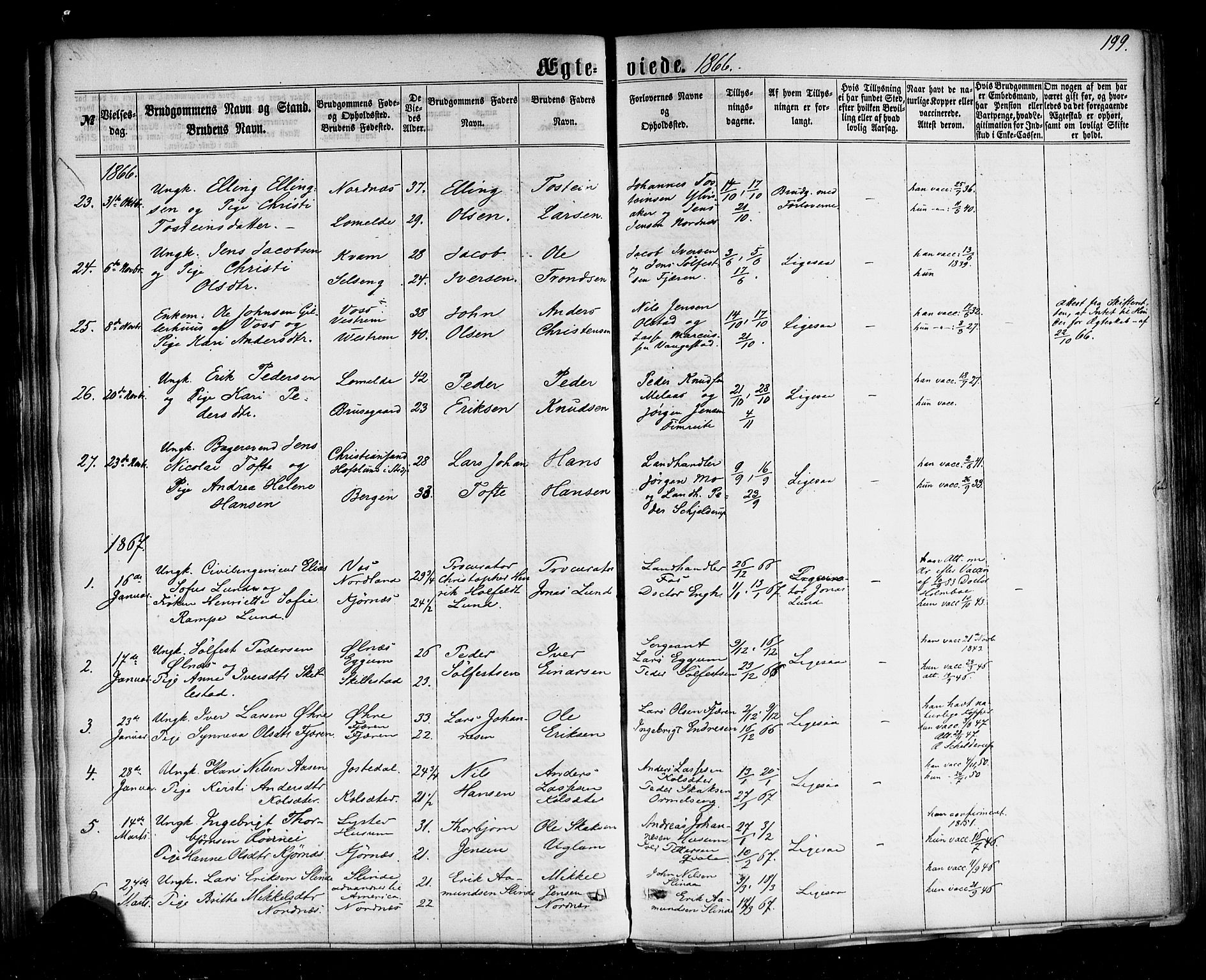 Sogndal sokneprestembete, SAB/A-81301/H/Haa/Haaa/L0013: Parish register (official) no. A 13, 1859-1877, p. 199