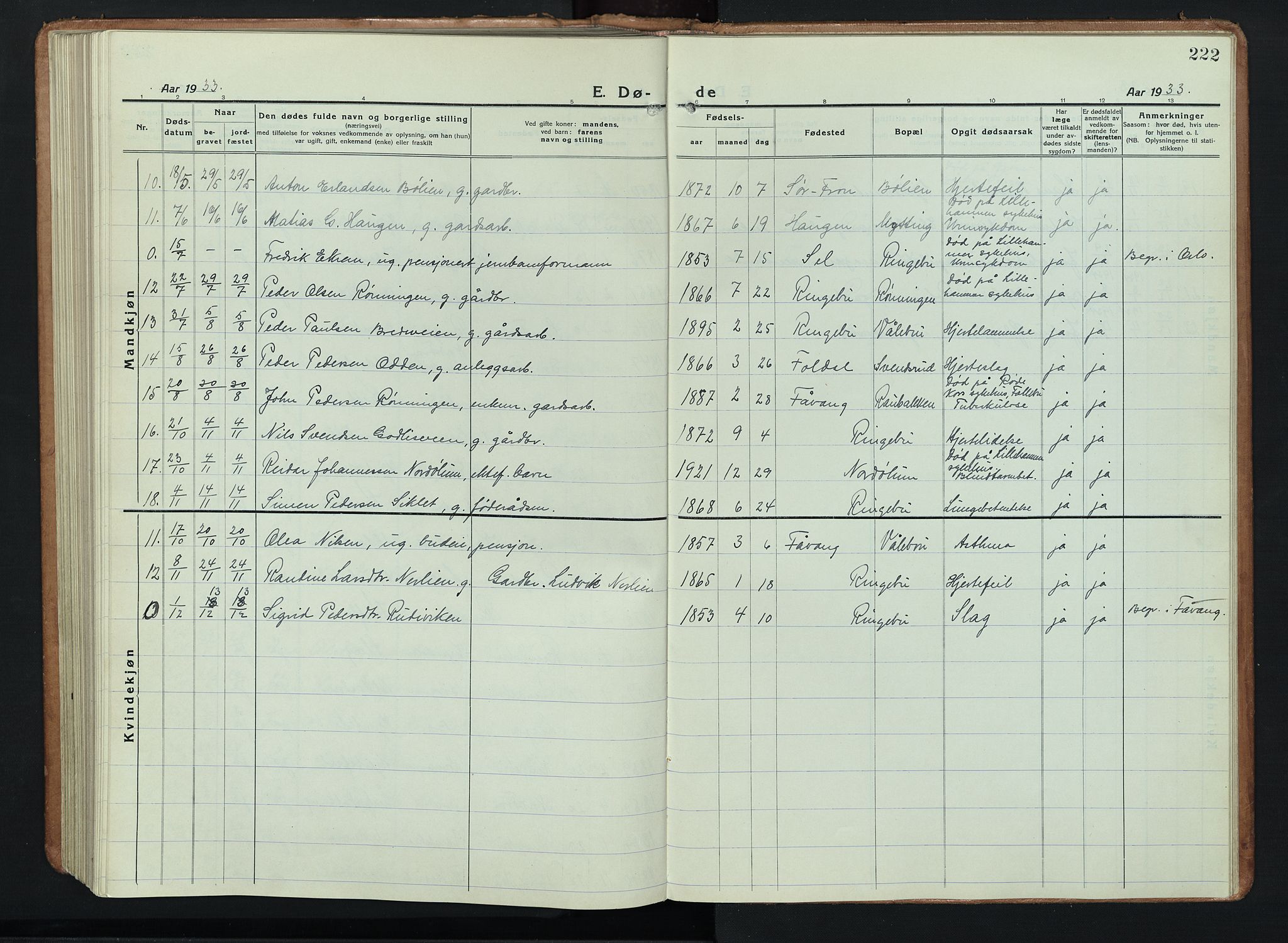 Ringebu prestekontor, AV/SAH-PREST-082/H/Ha/Hab/L0011: Parish register (copy) no. 11, 1921-1943, p. 222