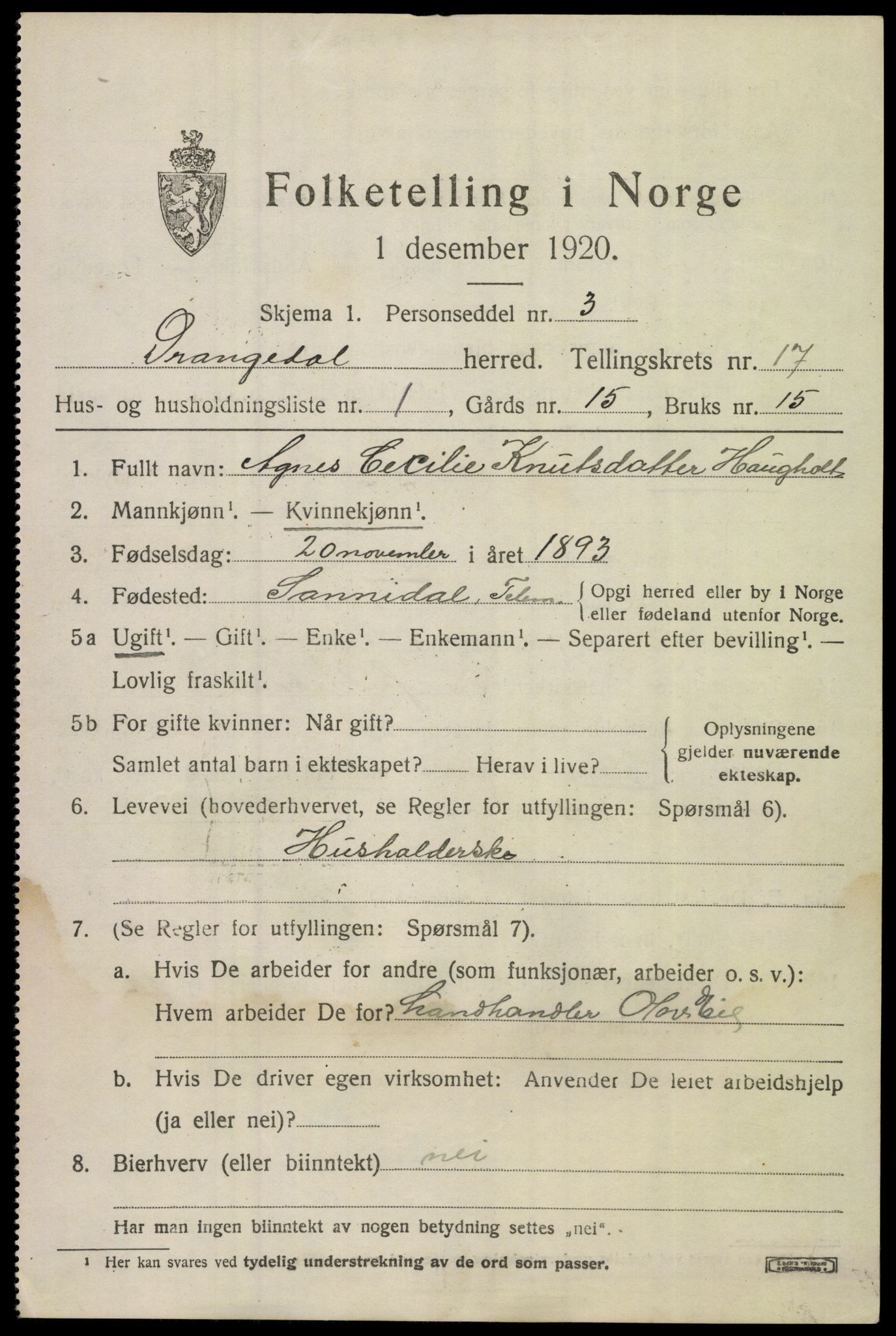 SAKO, 1920 census for Drangedal, 1920, p. 7971