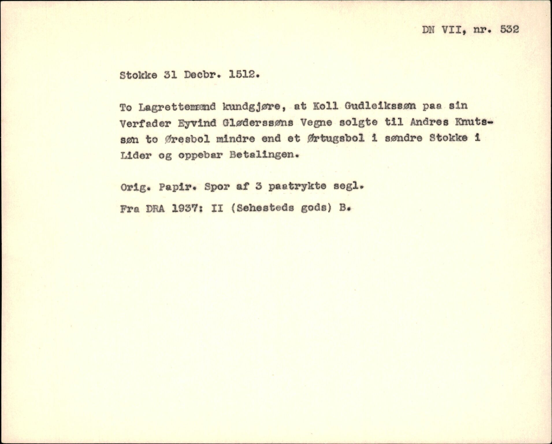 Riksarkivets diplomsamling, AV/RA-EA-5965/F35/F35f/L0001: Regestsedler: Diplomer fra DRA 1937 og 1996, p. 501