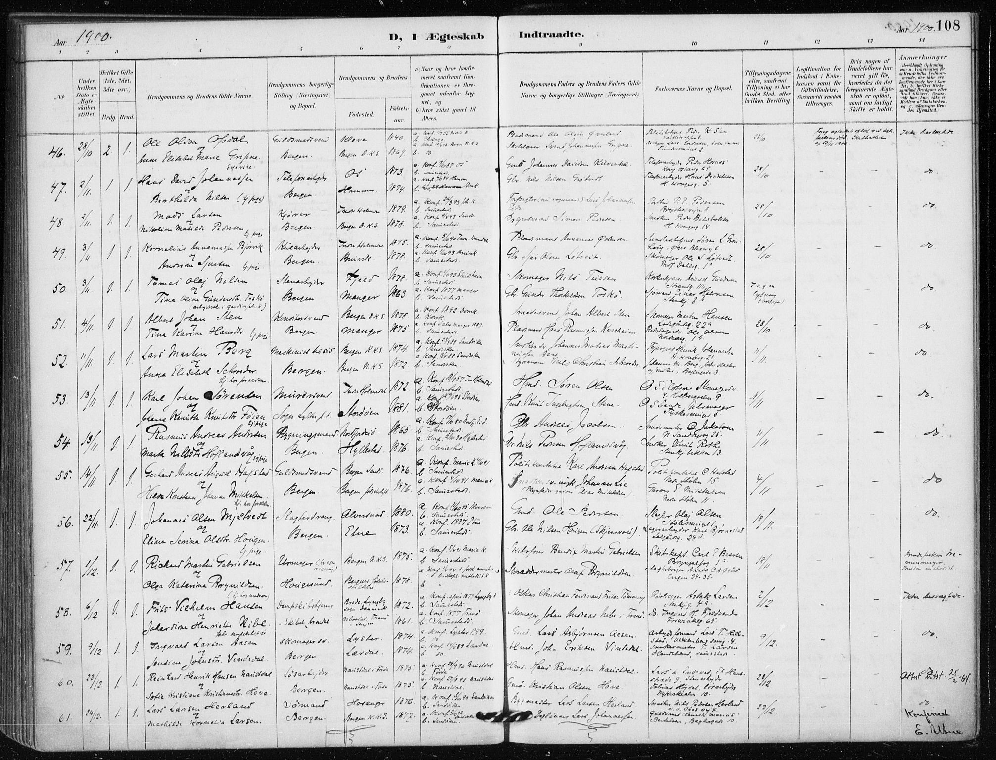 Mariakirken Sokneprestembete, AV/SAB-A-76901/H/Haa/L0013: Parish register (official) no. C 1, 1889-1900, p. 108