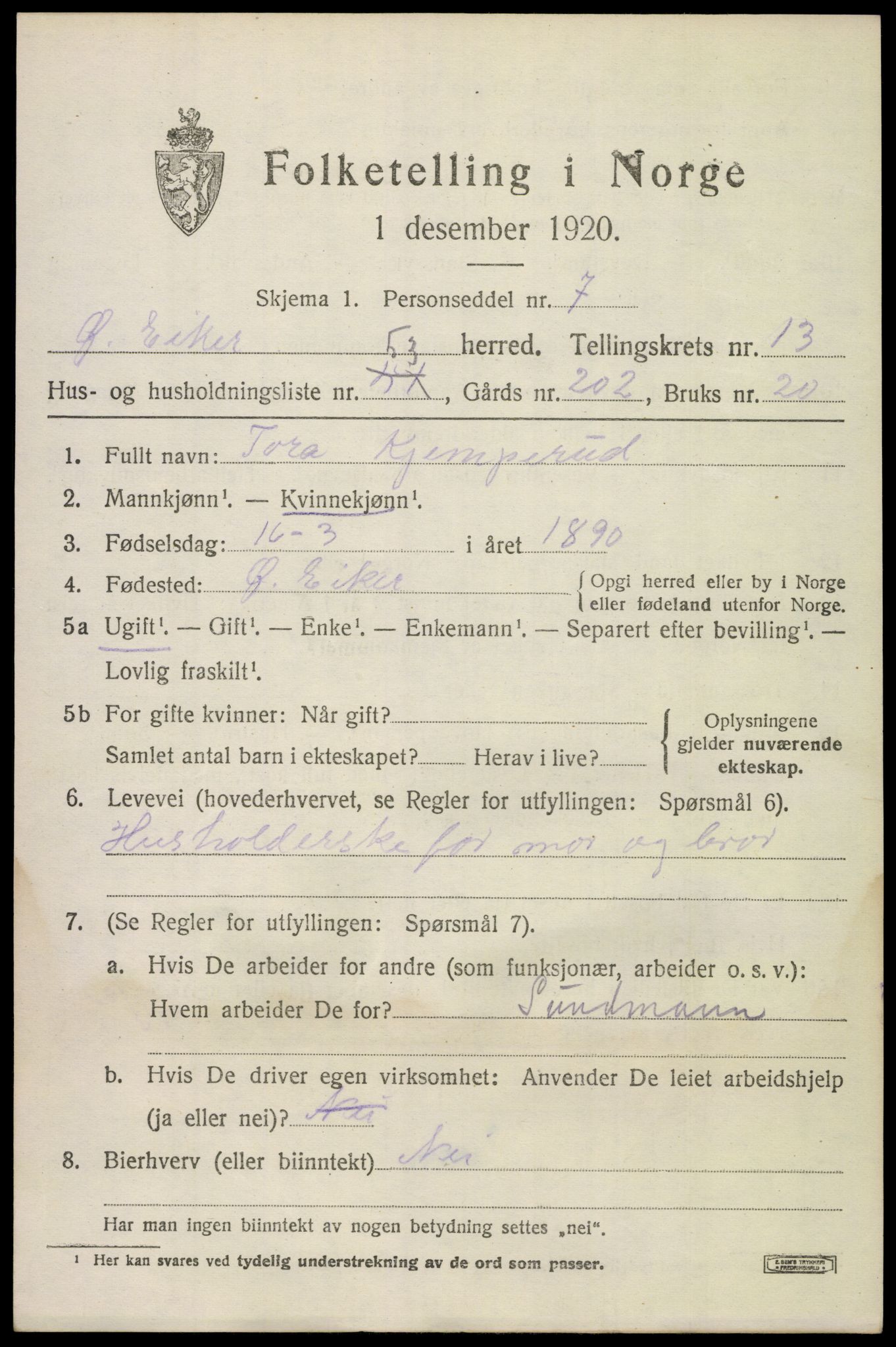 SAKO, 1920 census for Øvre Eiker, 1920, p. 20234