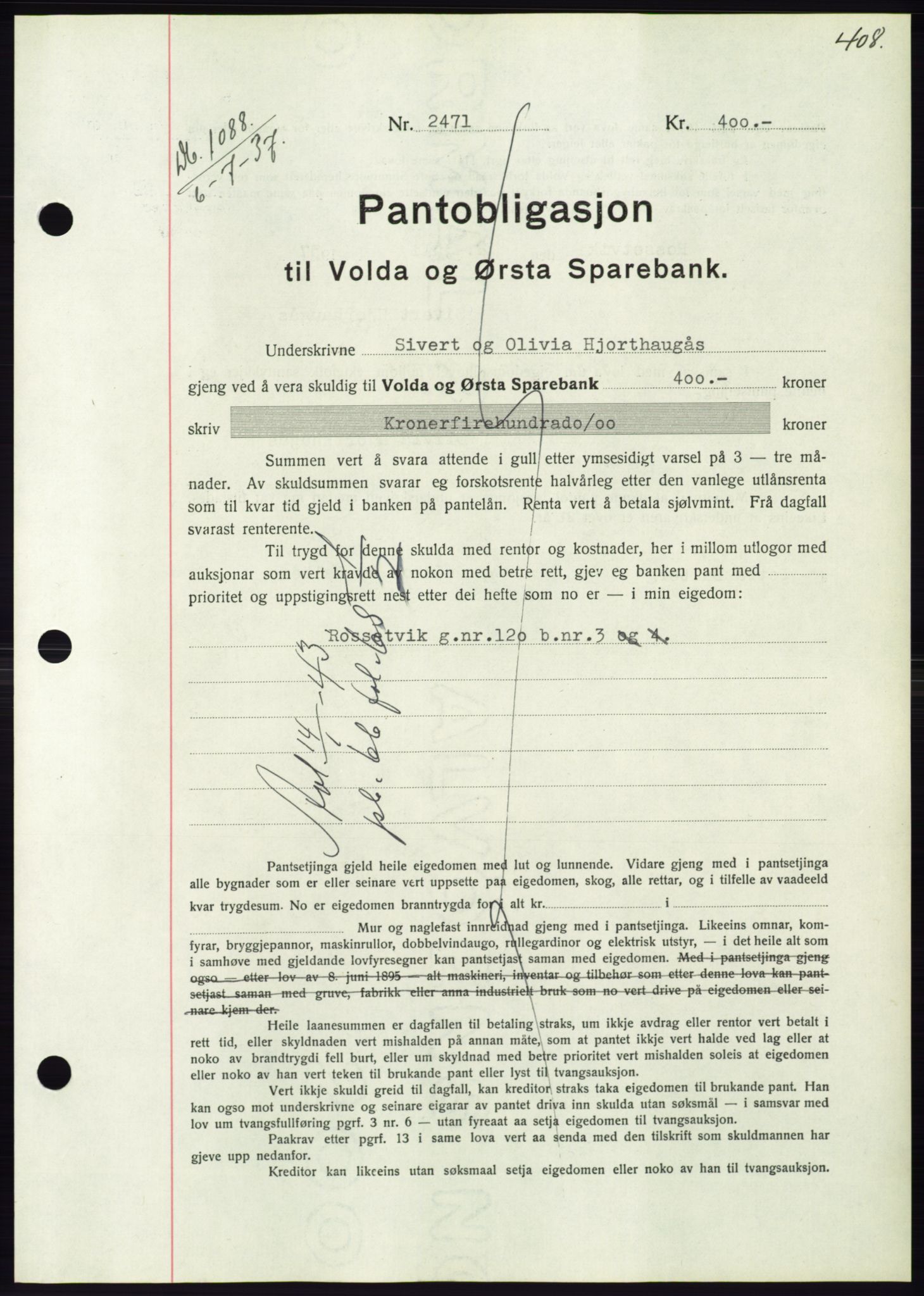 Søre Sunnmøre sorenskriveri, AV/SAT-A-4122/1/2/2C/L0063: Mortgage book no. 57, 1937-1937, Diary no: : 1088/1937