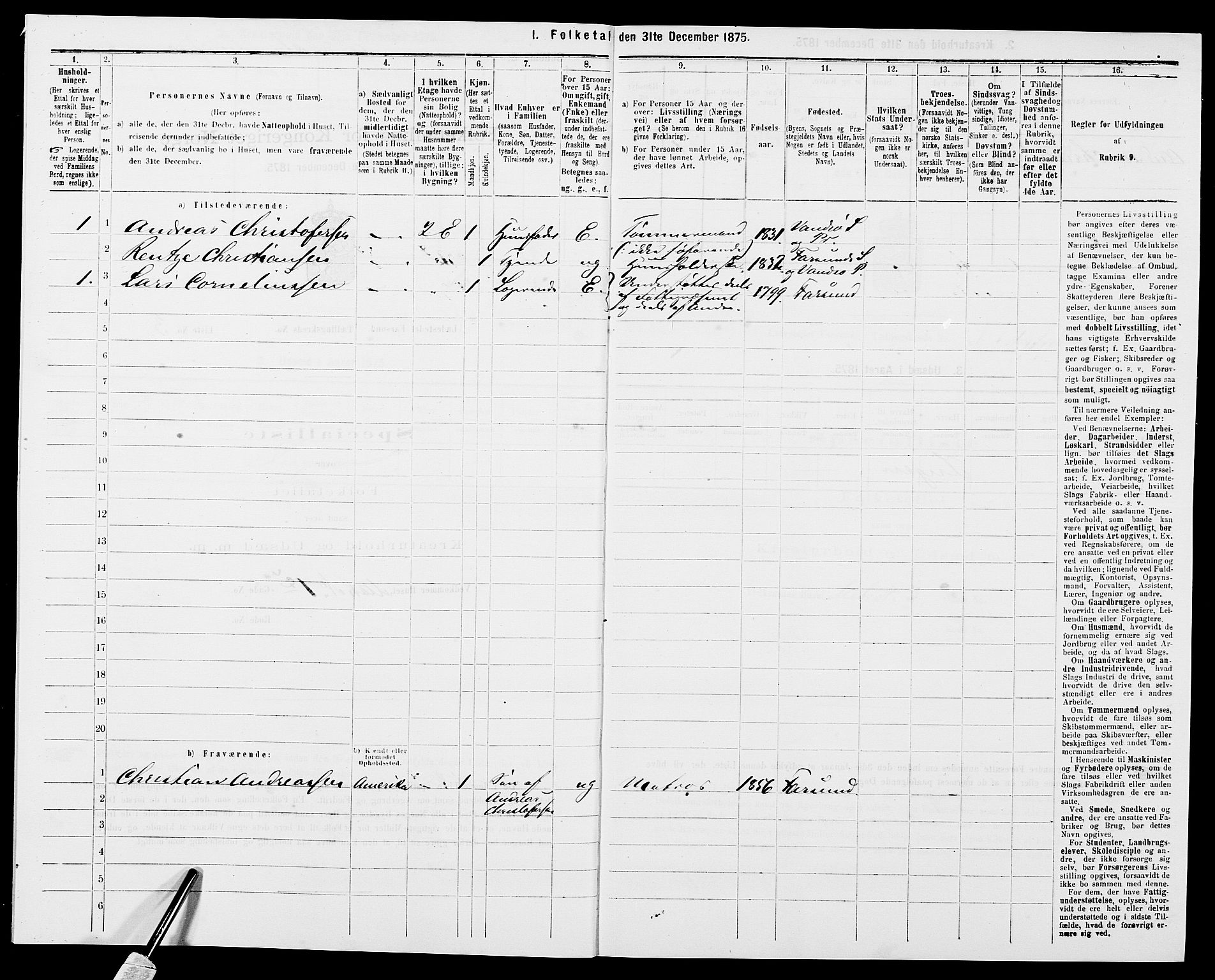 SAK, 1875 census for 1003B Vanse/Farsund, 1875, p. 13