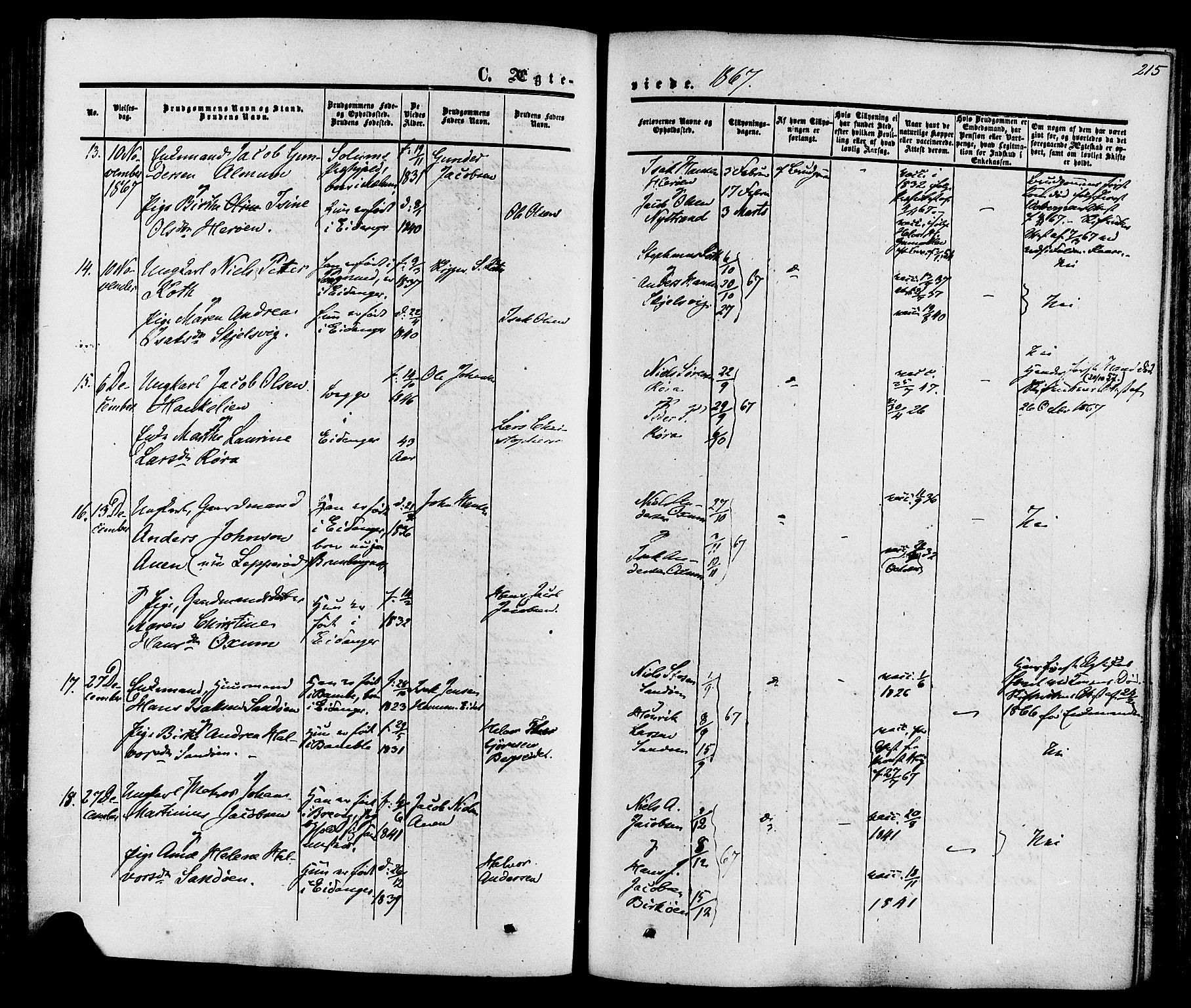 Eidanger kirkebøker, SAKO/A-261/F/Fa/L0010: Parish register (official) no. 10, 1859-1874, p. 215