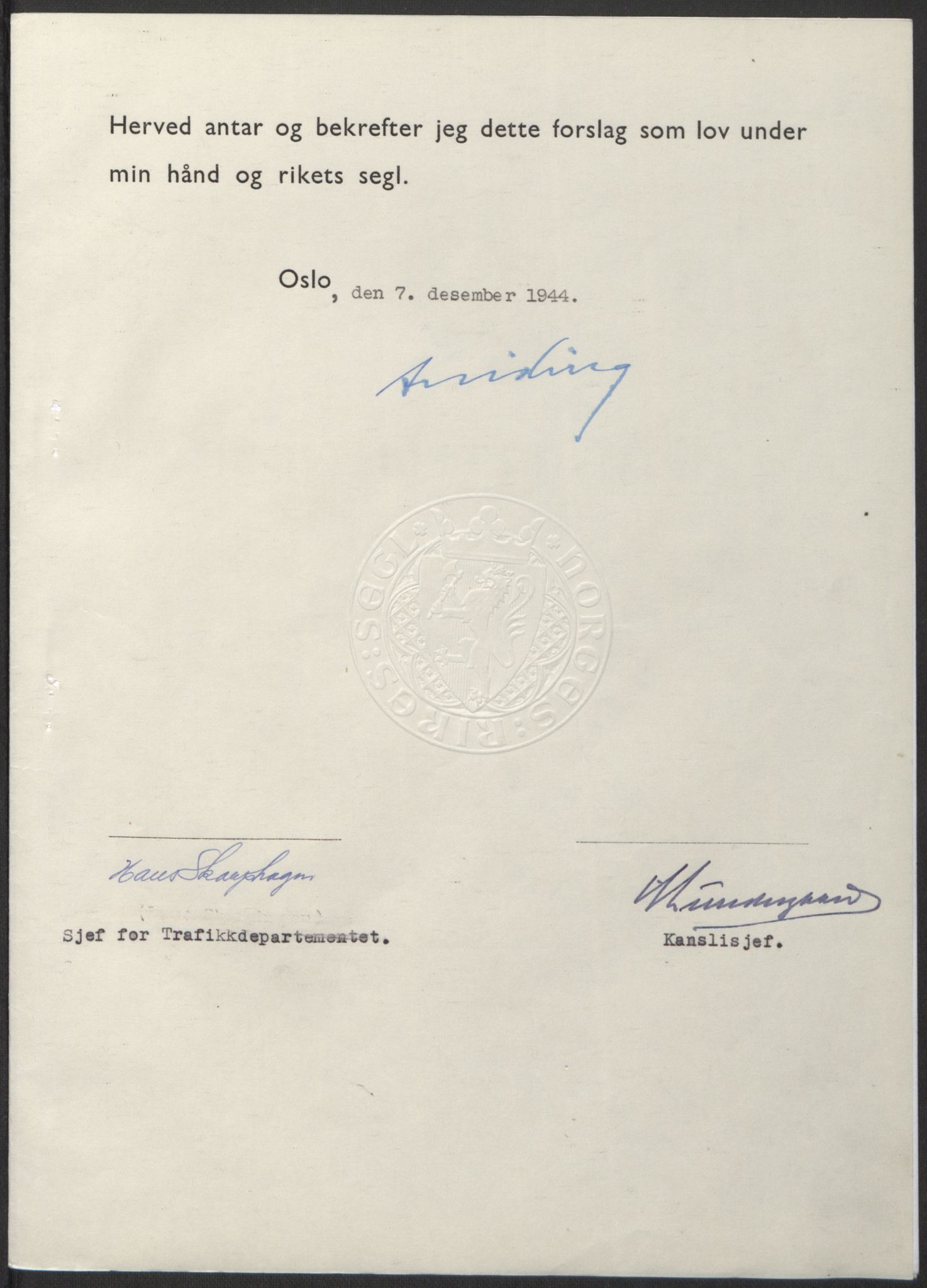 NS-administrasjonen 1940-1945 (Statsrådsekretariatet, de kommisariske statsråder mm), AV/RA-S-4279/D/Db/L0100: Lover, 1944, p. 627