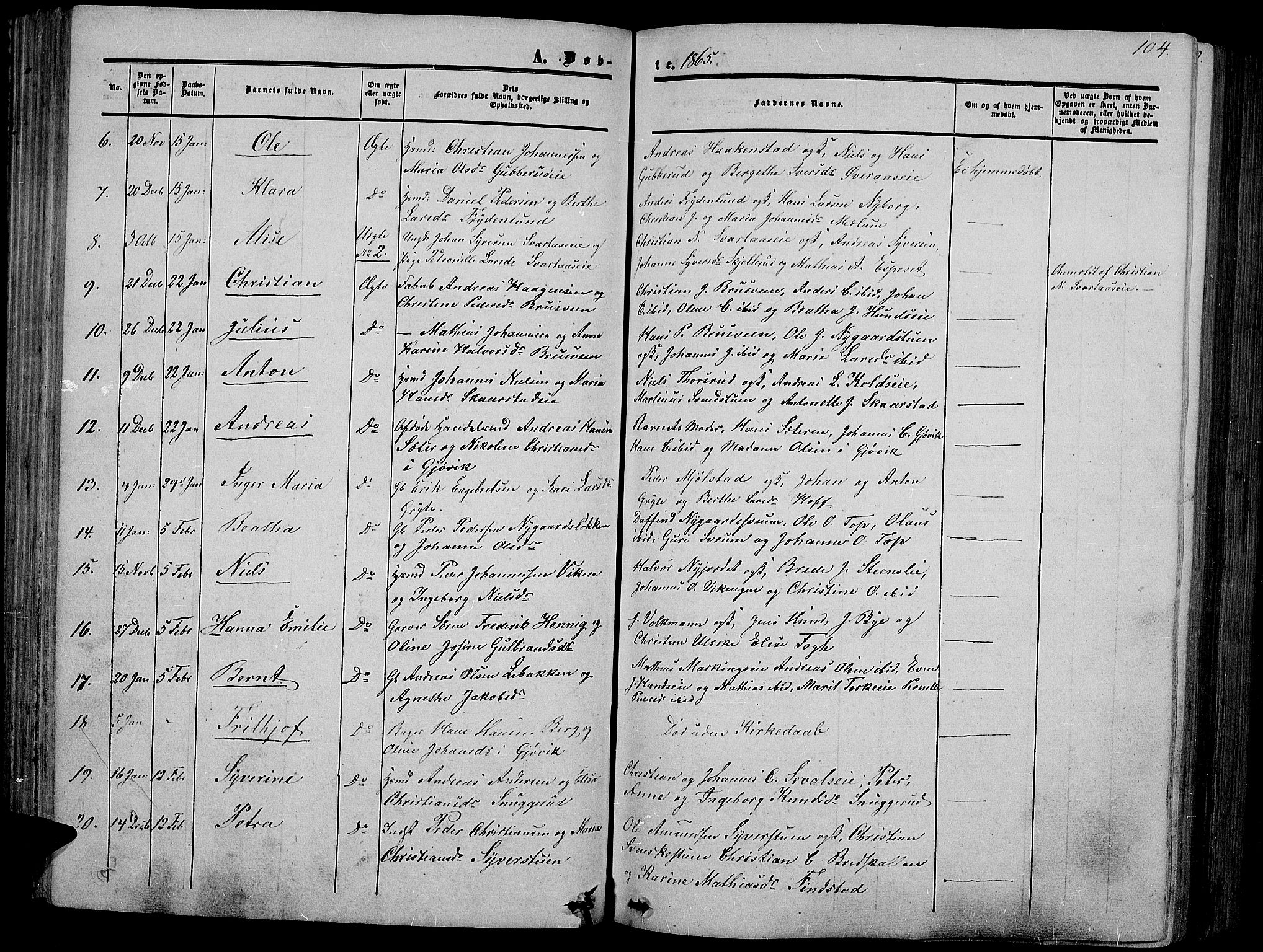 Vardal prestekontor, SAH/PREST-100/H/Ha/Hab/L0005: Parish register (copy) no. 5, 1854-1868, p. 104