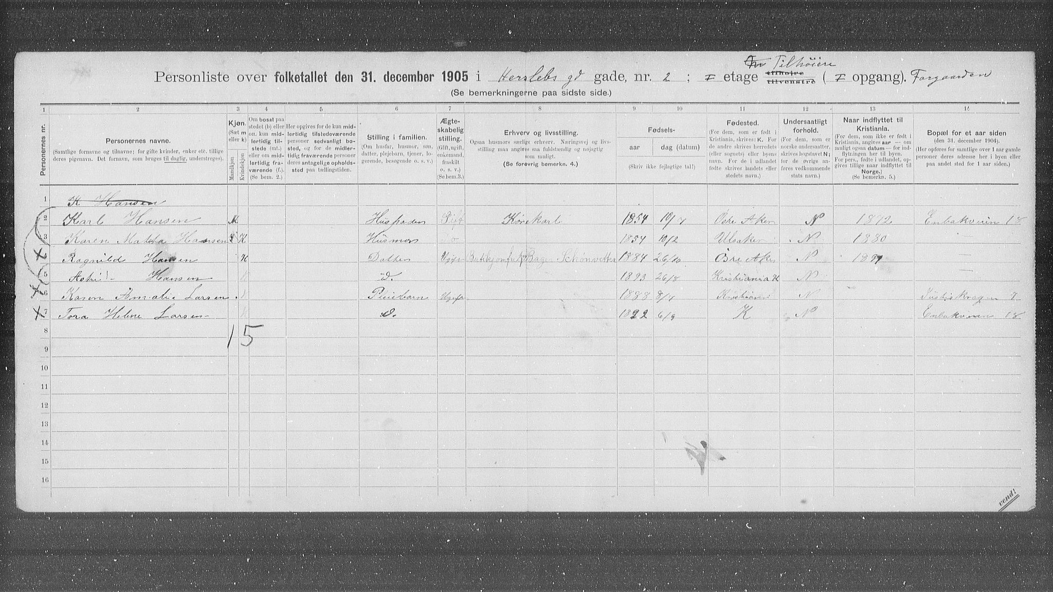 OBA, Municipal Census 1905 for Kristiania, 1905, p. 20302