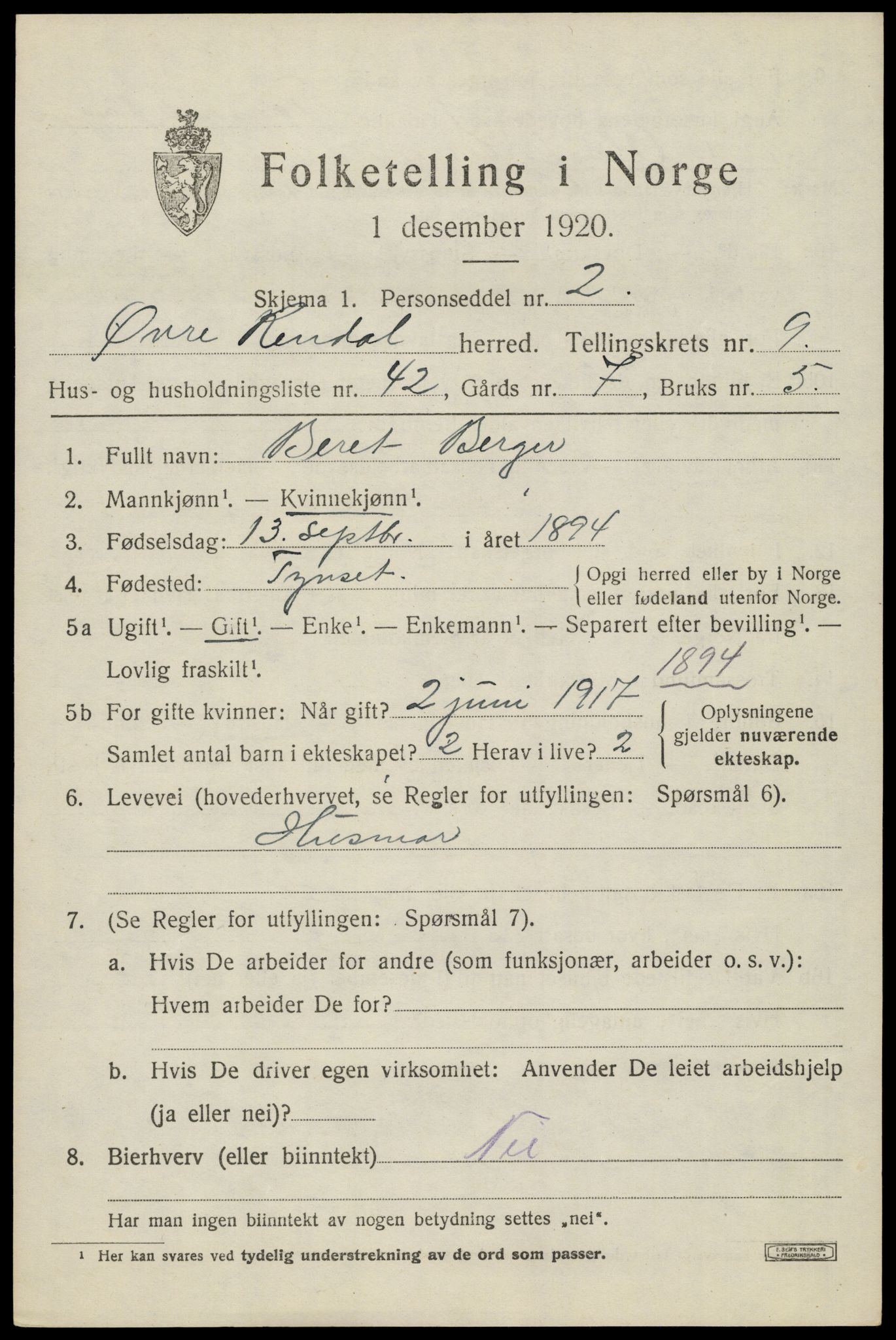 SAH, 1920 census for Øvre Rendal, 1920, p. 3781