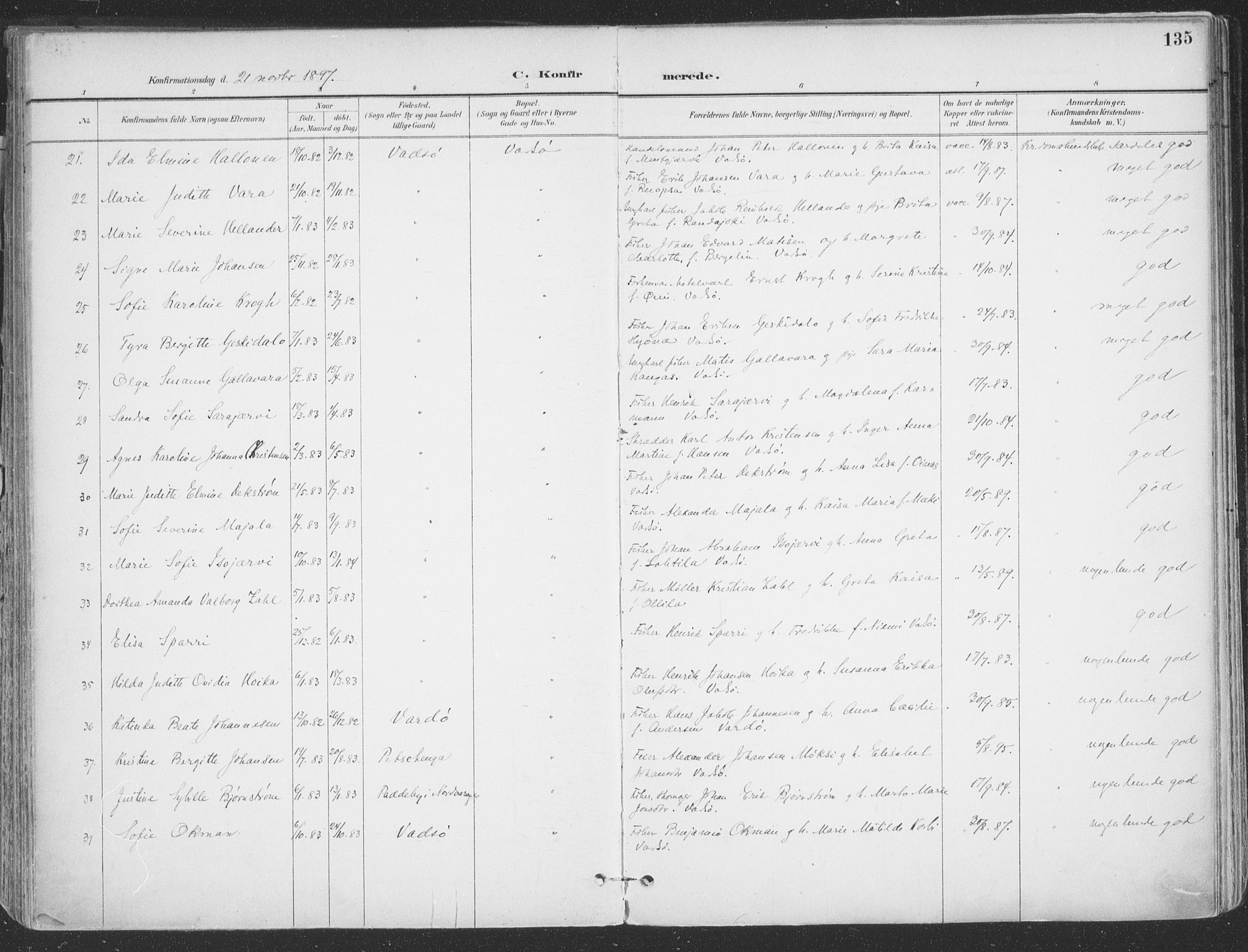 Vadsø sokneprestkontor, SATØ/S-1325/H/Ha/L0007kirke: Parish register (official) no. 7, 1896-1916, p. 135