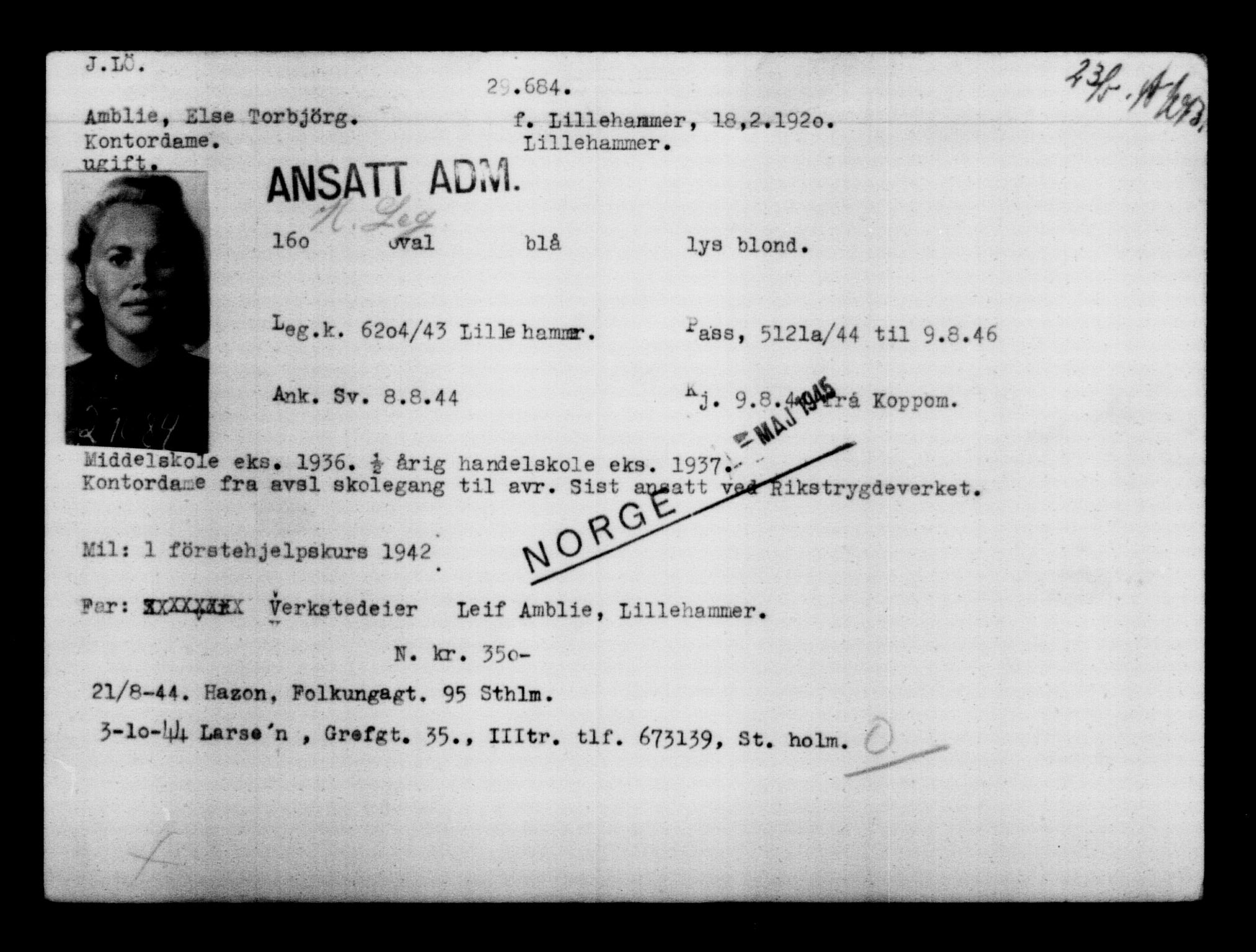 Utenriksstasjonene, Legasjonen i Stockholm, Flyktningkontoret, AV/RA-S-6753/V/Va/L0012: Kjesäterkartoteket, flyktninger med registreringsnr. 28300-31566, 1940-1945, p. 1521