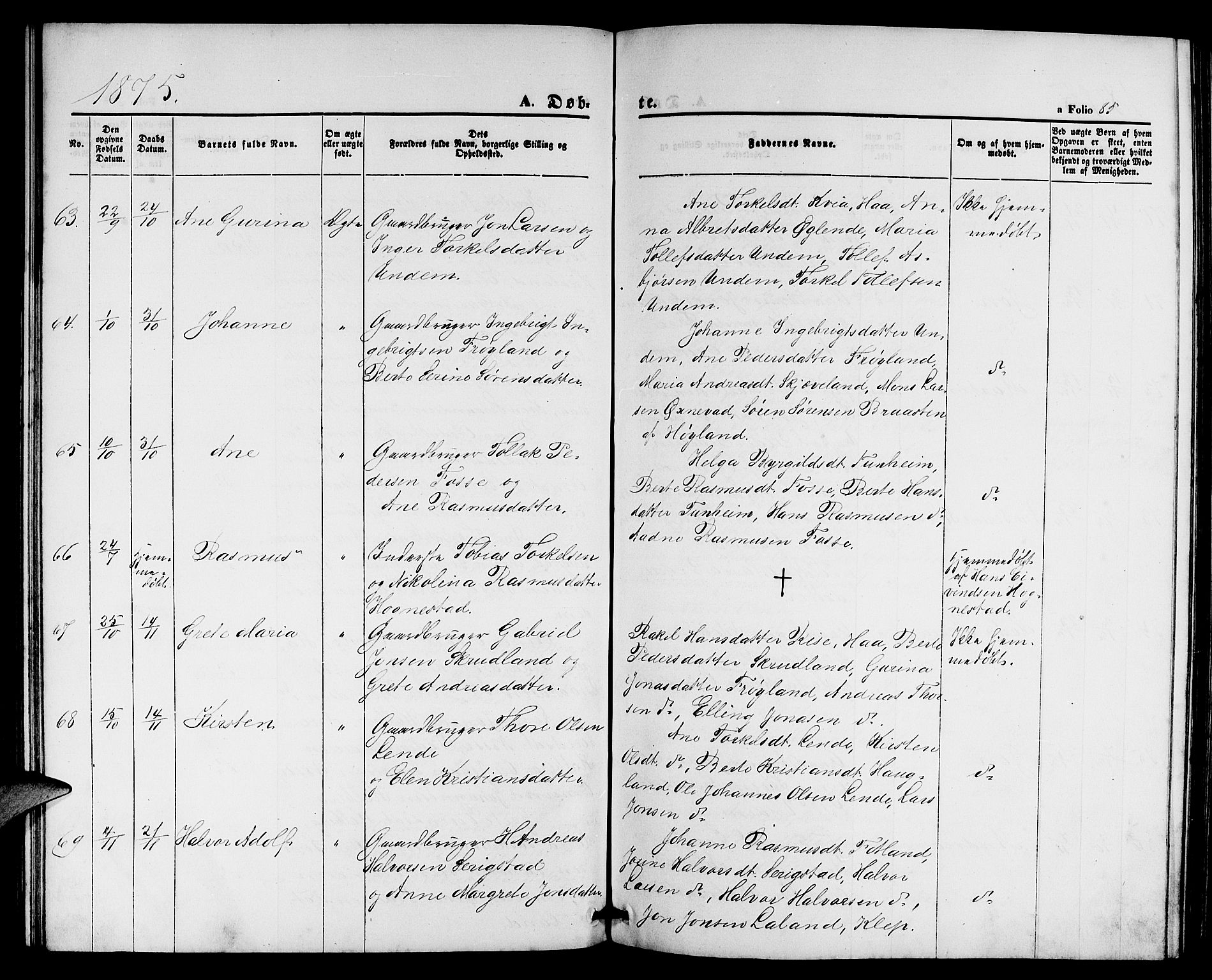 Lye sokneprestkontor, AV/SAST-A-101794/001/30BB/L0004: Parish register (copy) no. B 4, 1868-1878, p. 85