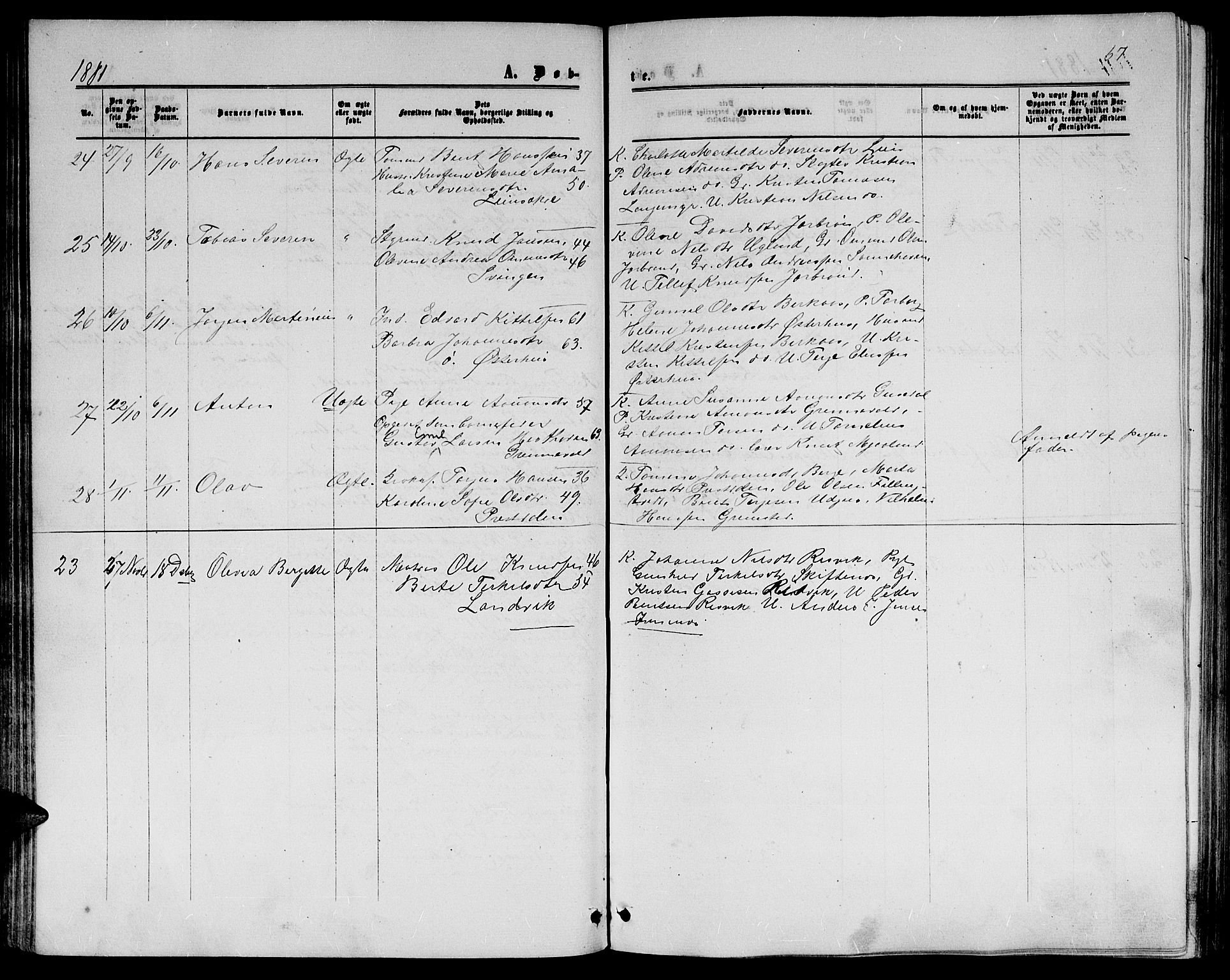 Hommedal sokneprestkontor, AV/SAK-1111-0023/F/Fb/Fbb/L0006: Parish register (copy) no. B 6, 1869-1884, p. 67