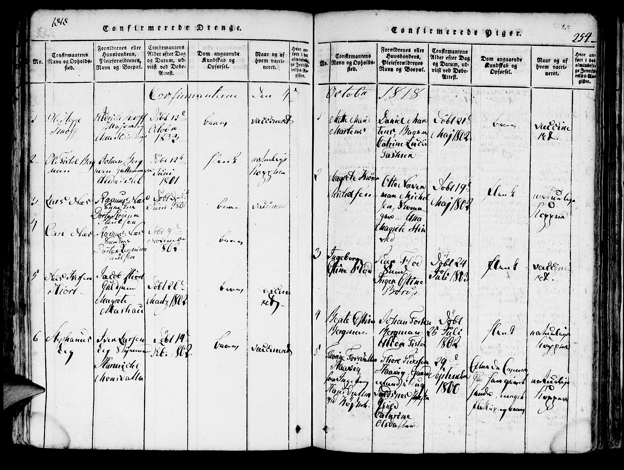 Domkirken sokneprestembete, SAB/A-74801/H/Hab/L0001: Parish register (copy) no. A 1, 1816-1821, p. 254