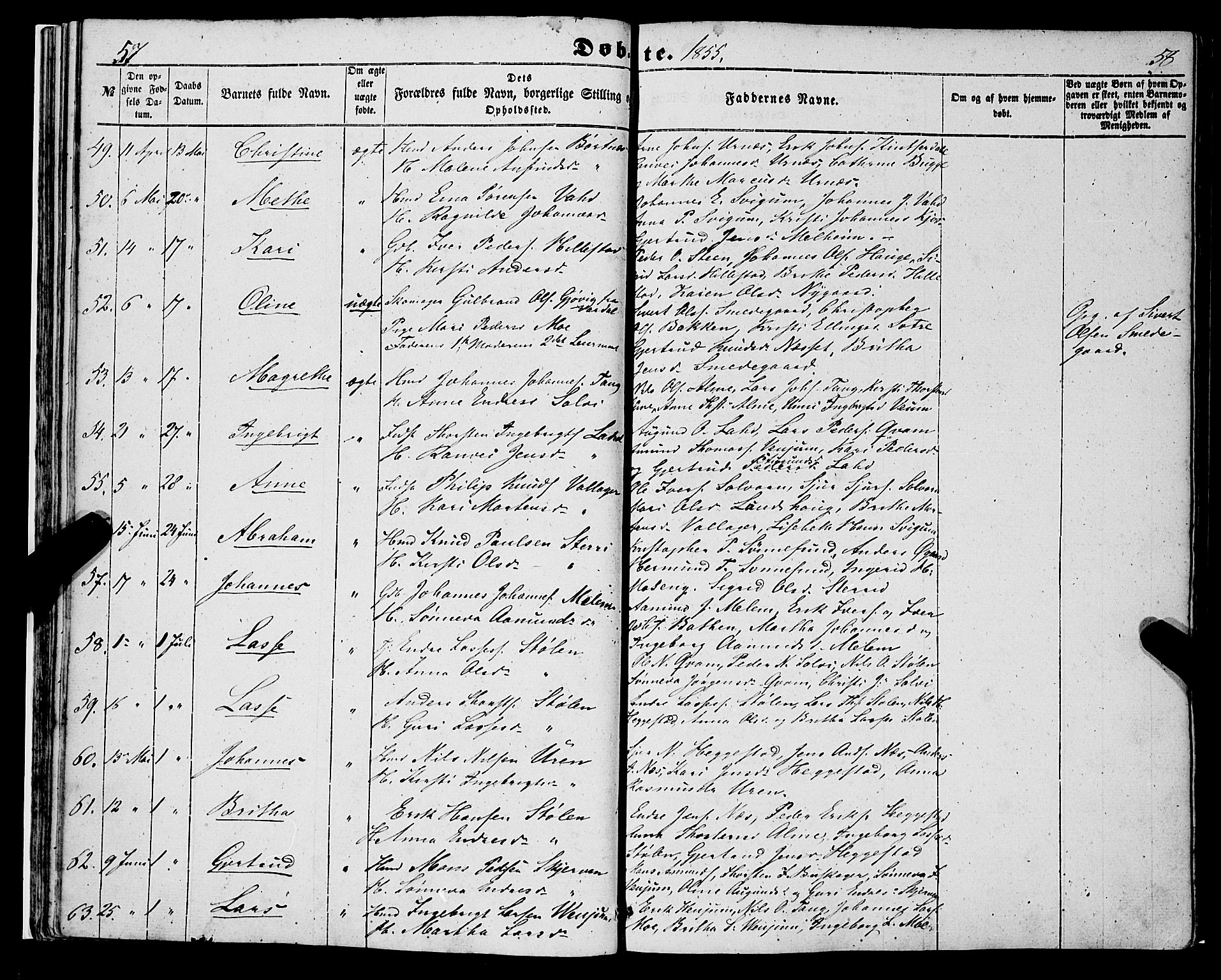 Hafslo sokneprestembete, AV/SAB-A-80301/H/Haa/Haaa/L0009: Parish register (official) no. A 9, 1852-1873, p. 57-58