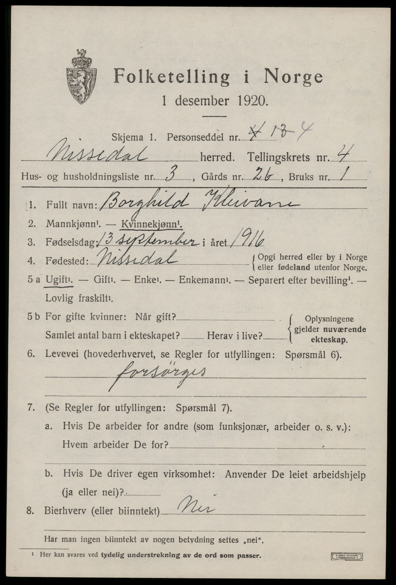SAKO, 1920 census for Nissedal, 1920, p. 1851