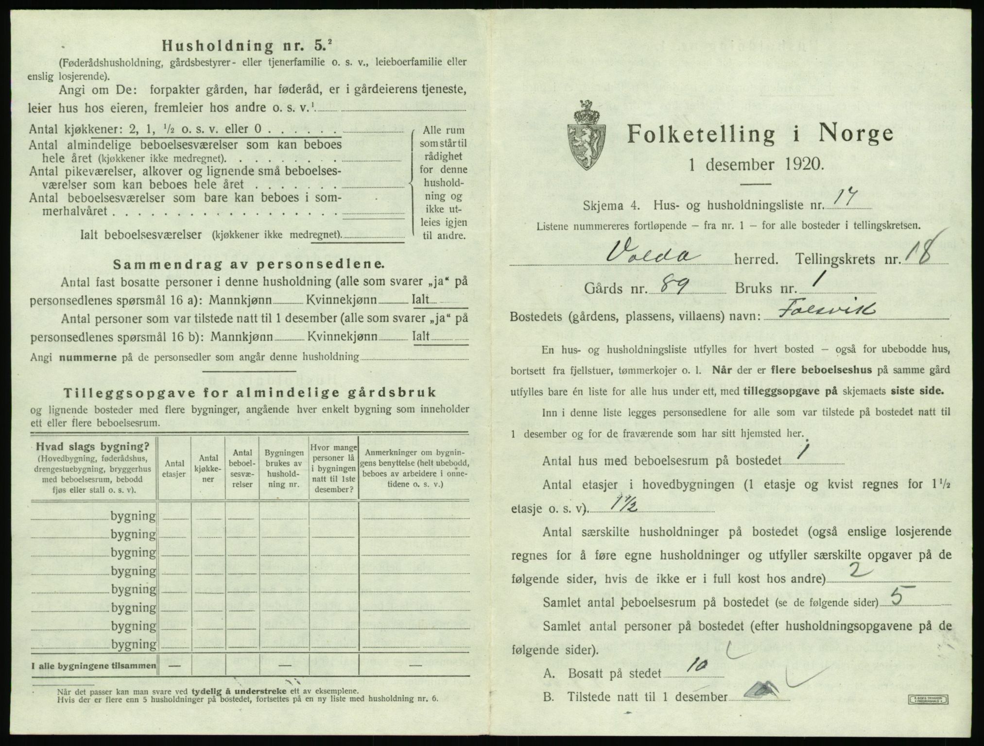 SAT, 1920 census for Volda, 1920, p. 1318