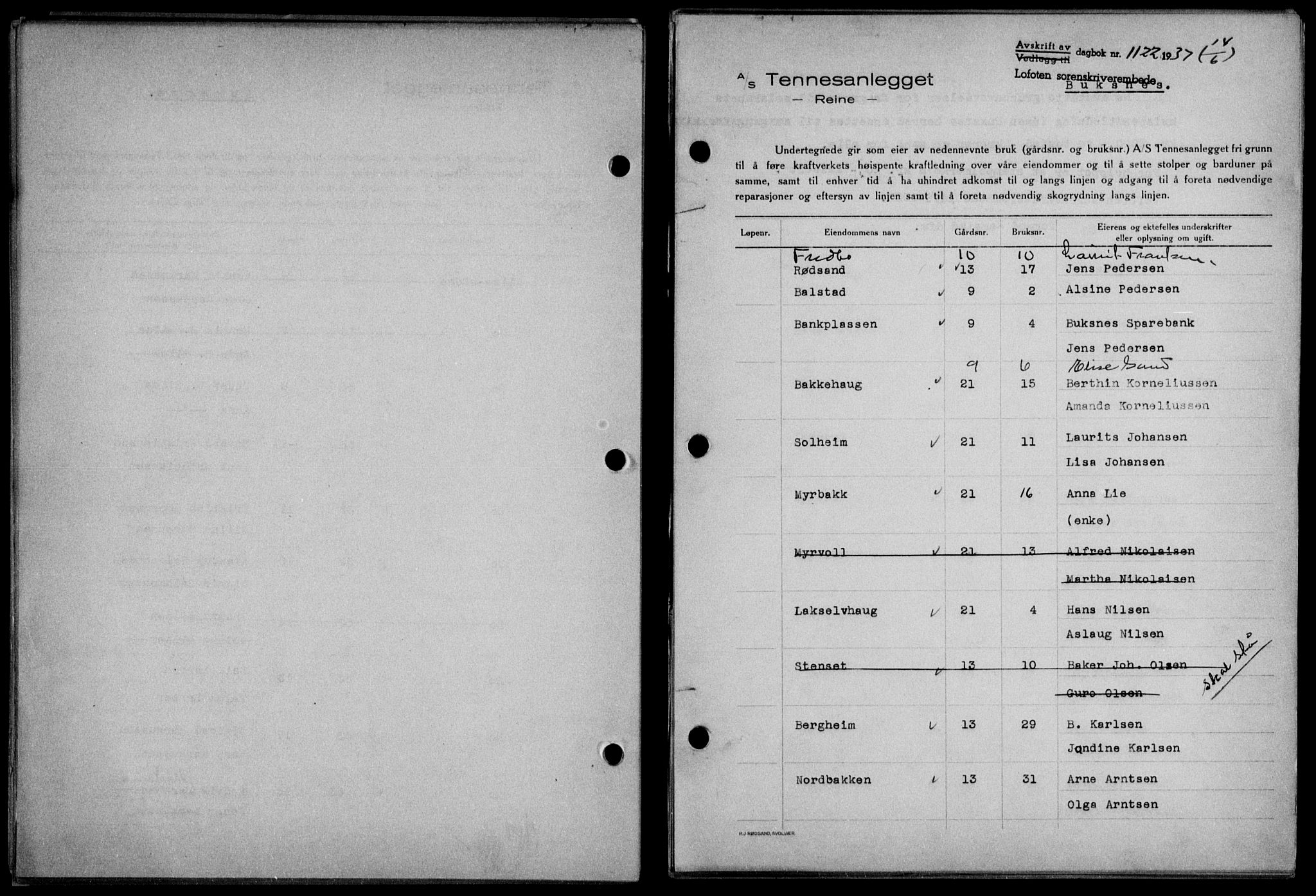 Lofoten sorenskriveri, SAT/A-0017/1/2/2C/L0003a: Mortgage book no. 3a, 1937-1938, Diary no: : 1122/1937