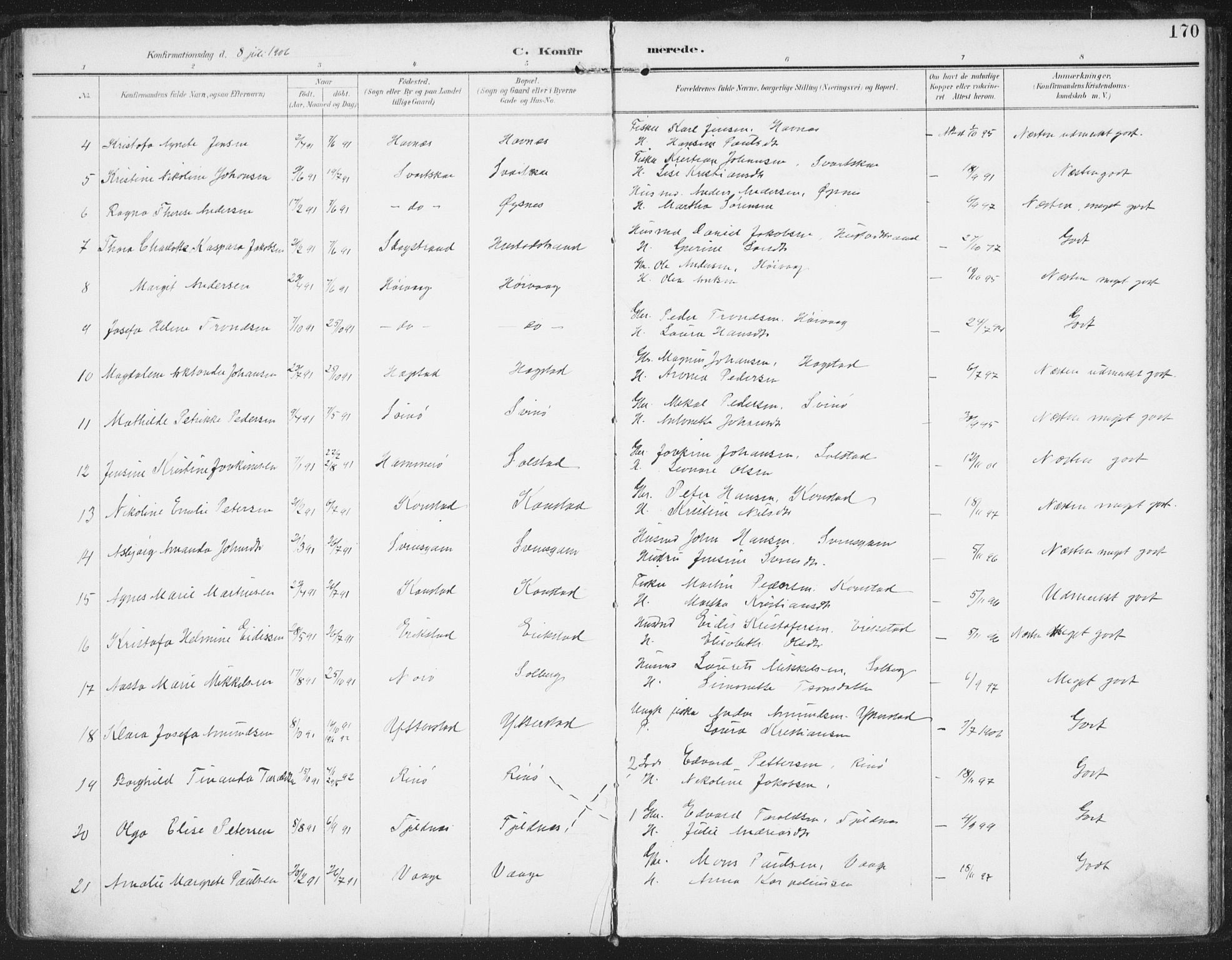 Ministerialprotokoller, klokkerbøker og fødselsregistre - Nordland, AV/SAT-A-1459/872/L1036: Parish register (official) no. 872A11, 1897-1913, p. 170