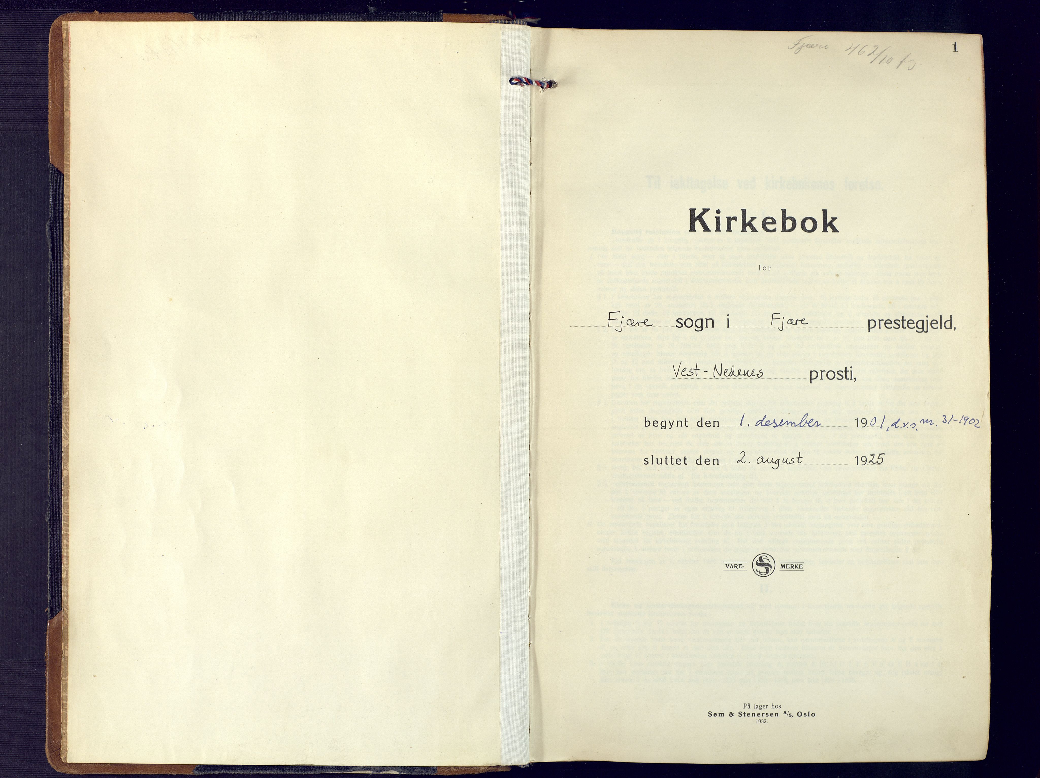 Fjære sokneprestkontor, AV/SAK-1111-0011/F/Fa/L0004: Parish register (official) no. A 4, 1902-1925, p. 1