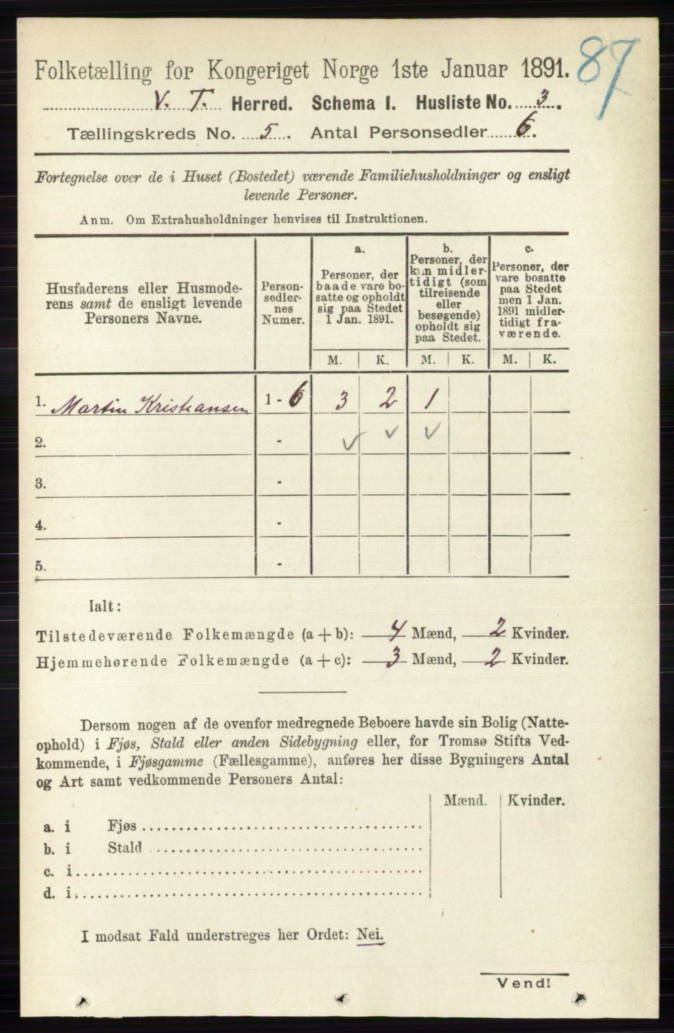 RA, 1891 census for 0529 Vestre Toten, 1891, p. 3133