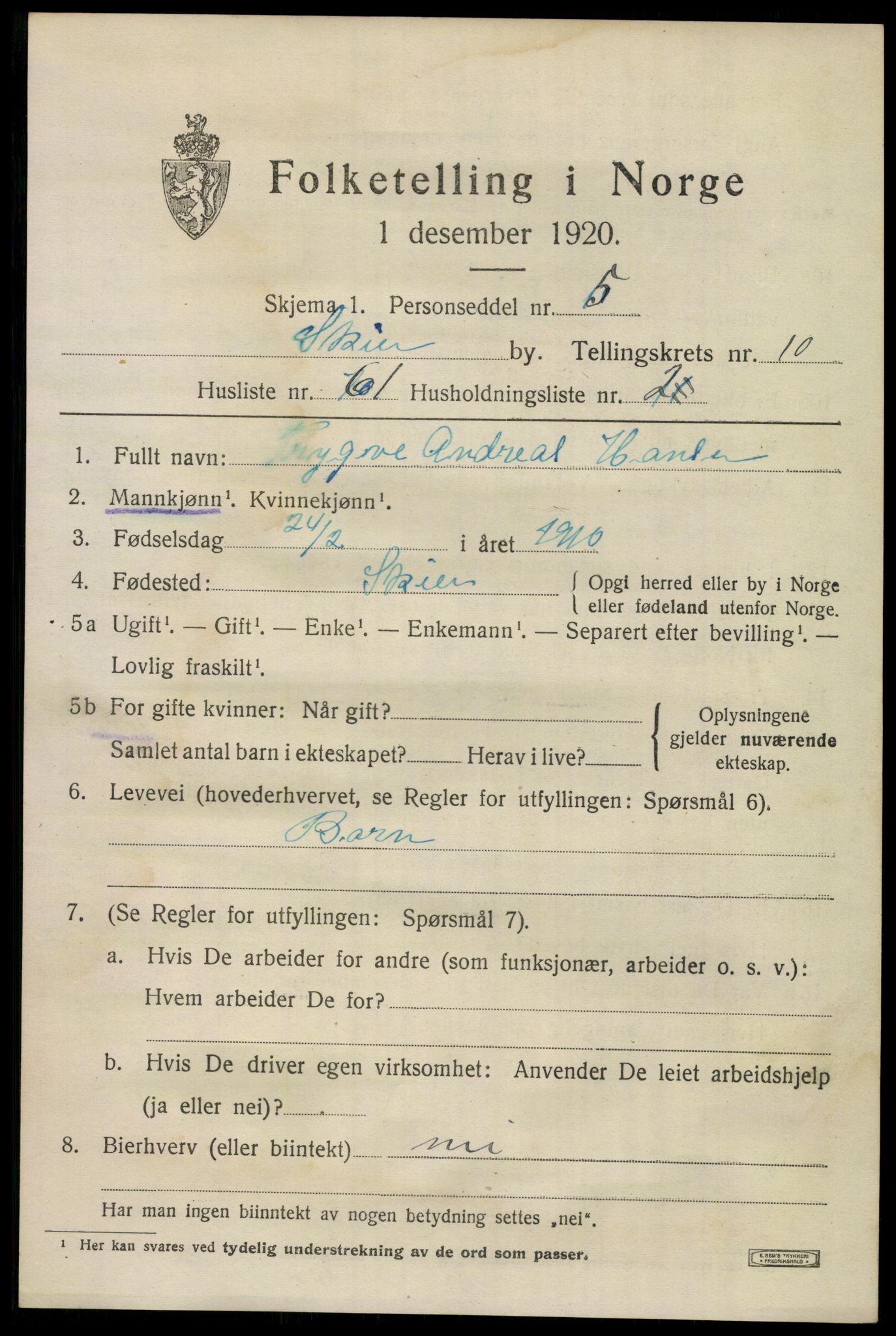 SAKO, 1920 census for Skien, 1920, p. 33134