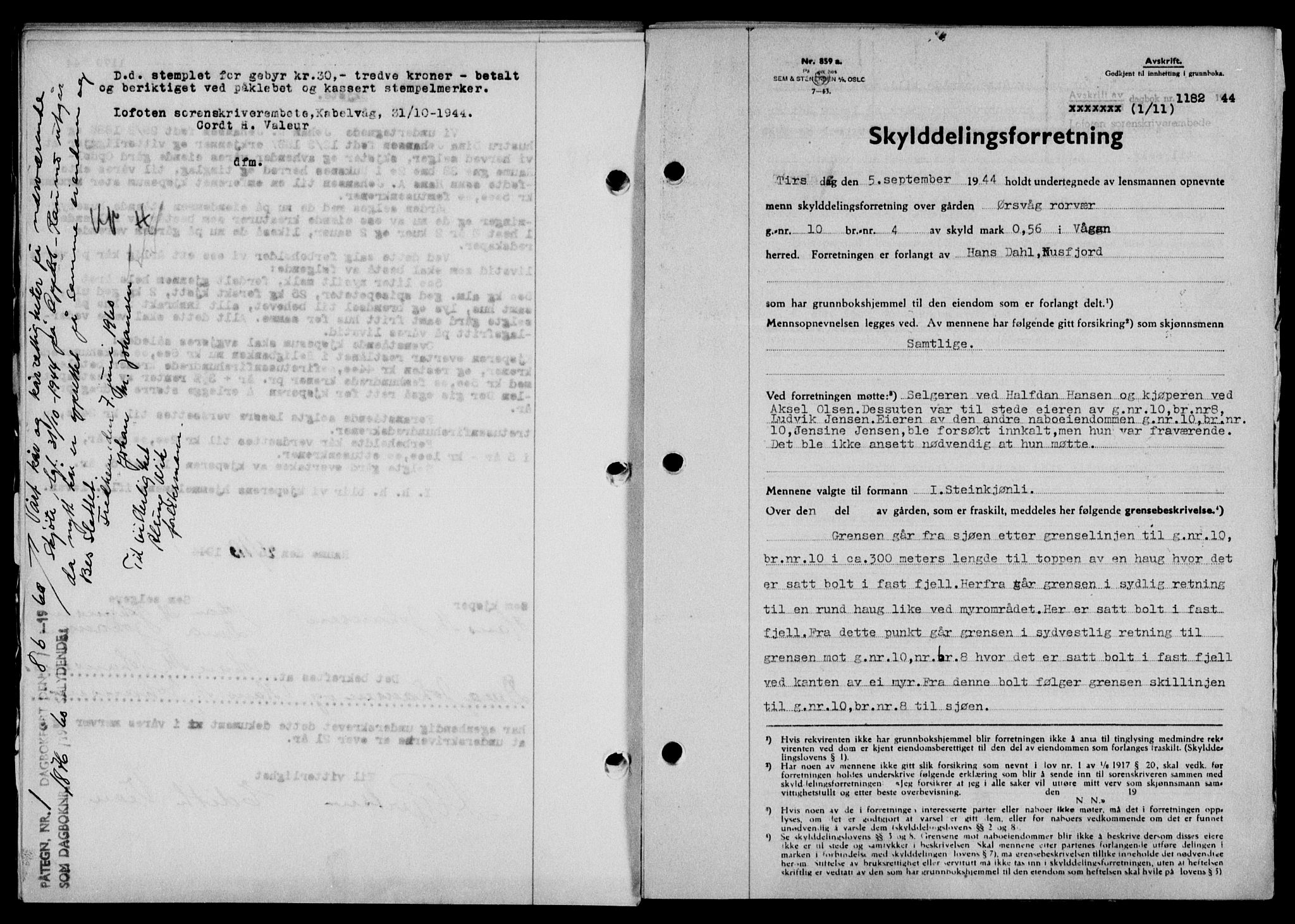 Lofoten sorenskriveri, SAT/A-0017/1/2/2C/L0012a: Mortgage book no. 12a, 1943-1944, Diary no: : 1182/1944