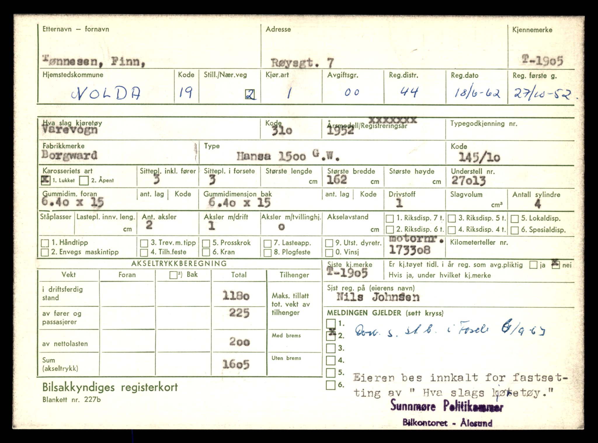 Møre og Romsdal vegkontor - Ålesund trafikkstasjon, AV/SAT-A-4099/F/Fe/L0016: Registreringskort for kjøretøy T 1851 - T 1984, 1927-1998, p. 1169