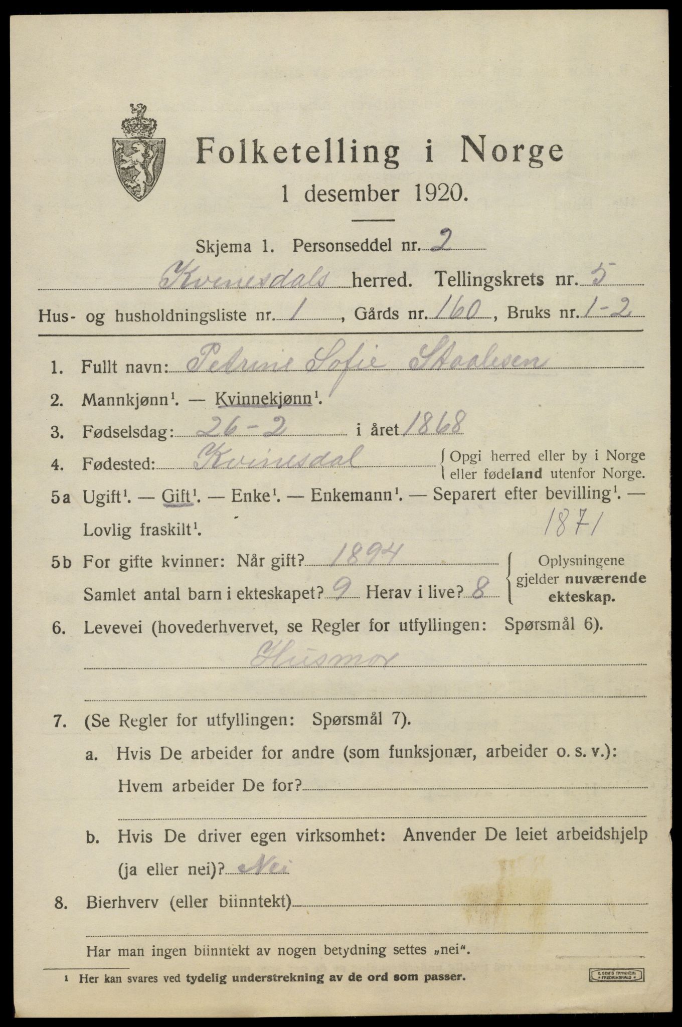 SAK, 1920 census for Kvinesdal, 1920, p. 5705