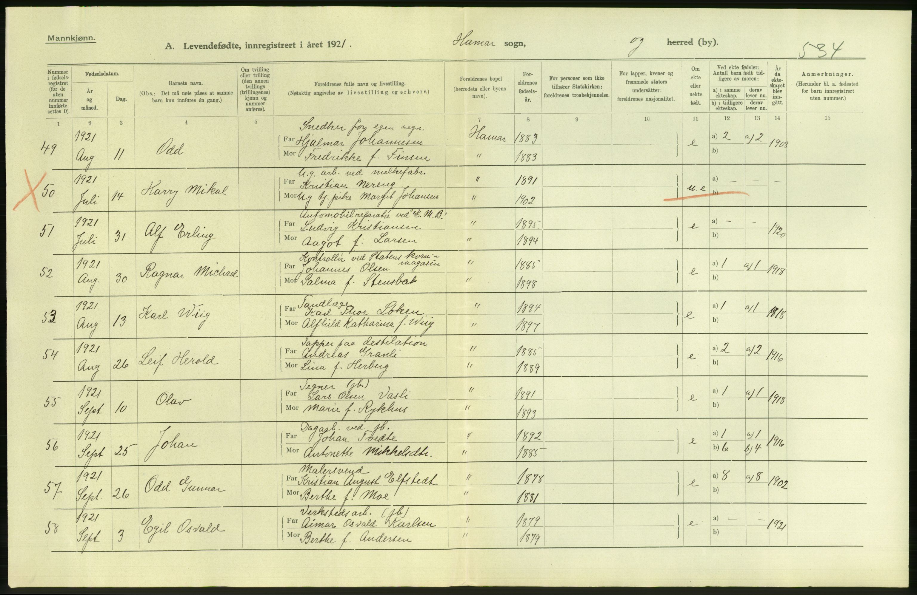 Statistisk sentralbyrå, Sosiodemografiske emner, Befolkning, AV/RA-S-2228/D/Df/Dfc/Dfca/L0015: Hedemark fylke: Levendefødte menn og kvinner. Byer, 1921, p. 8