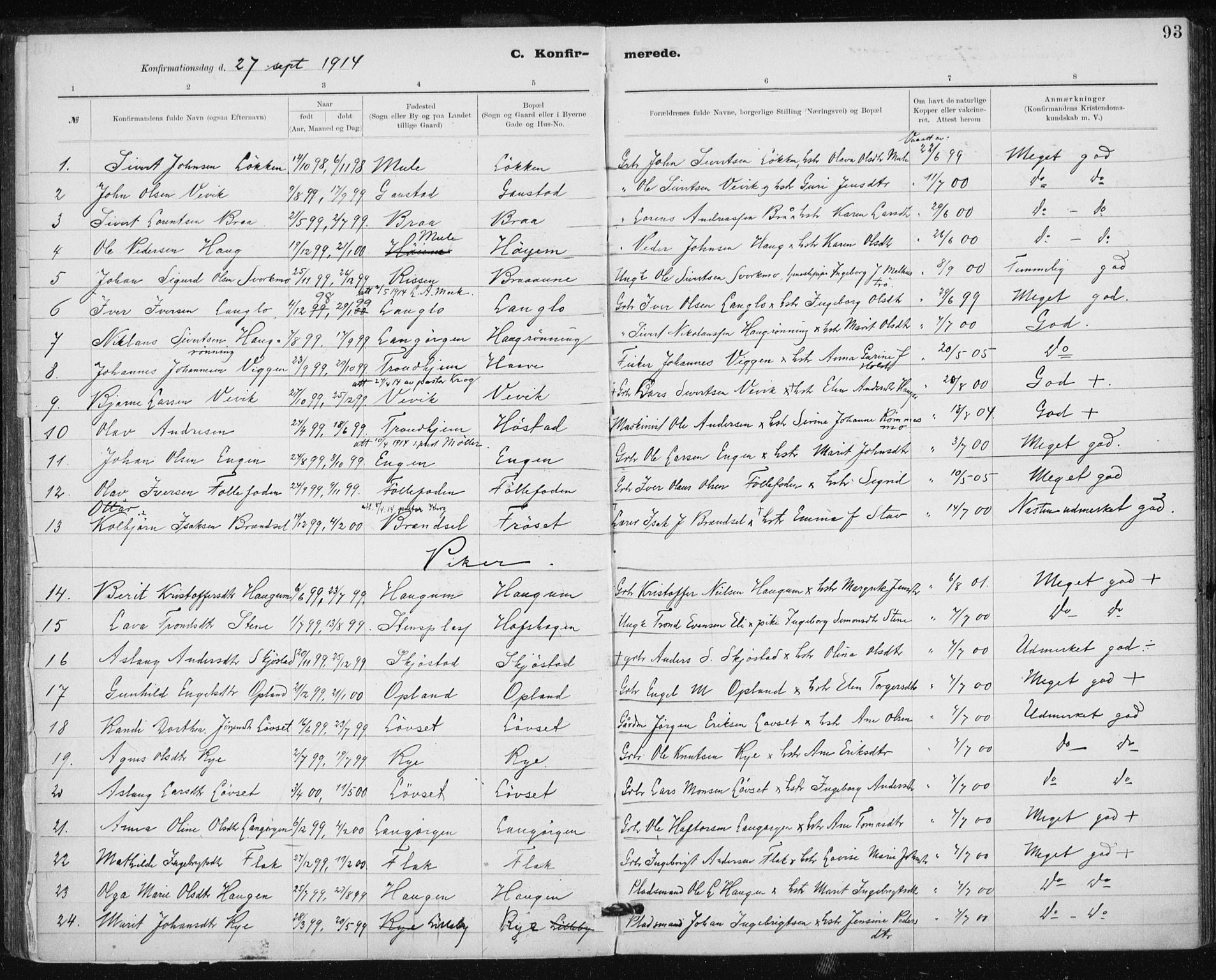 Ministerialprotokoller, klokkerbøker og fødselsregistre - Sør-Trøndelag, SAT/A-1456/612/L0381: Parish register (official) no. 612A13, 1907-1923, p. 93