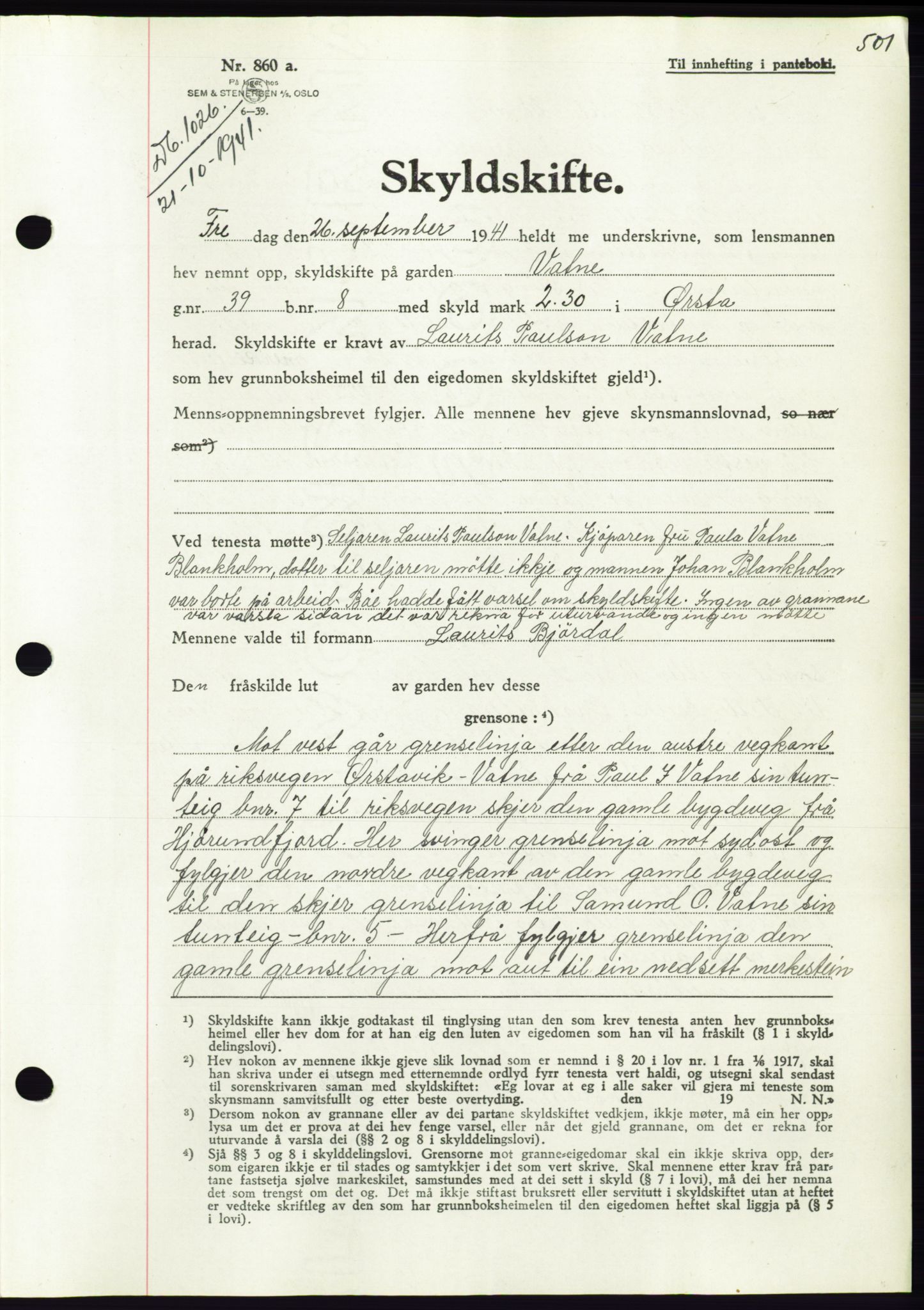 Søre Sunnmøre sorenskriveri, AV/SAT-A-4122/1/2/2C/L0071: Mortgage book no. 65, 1941-1941, Diary no: : 1026/1941