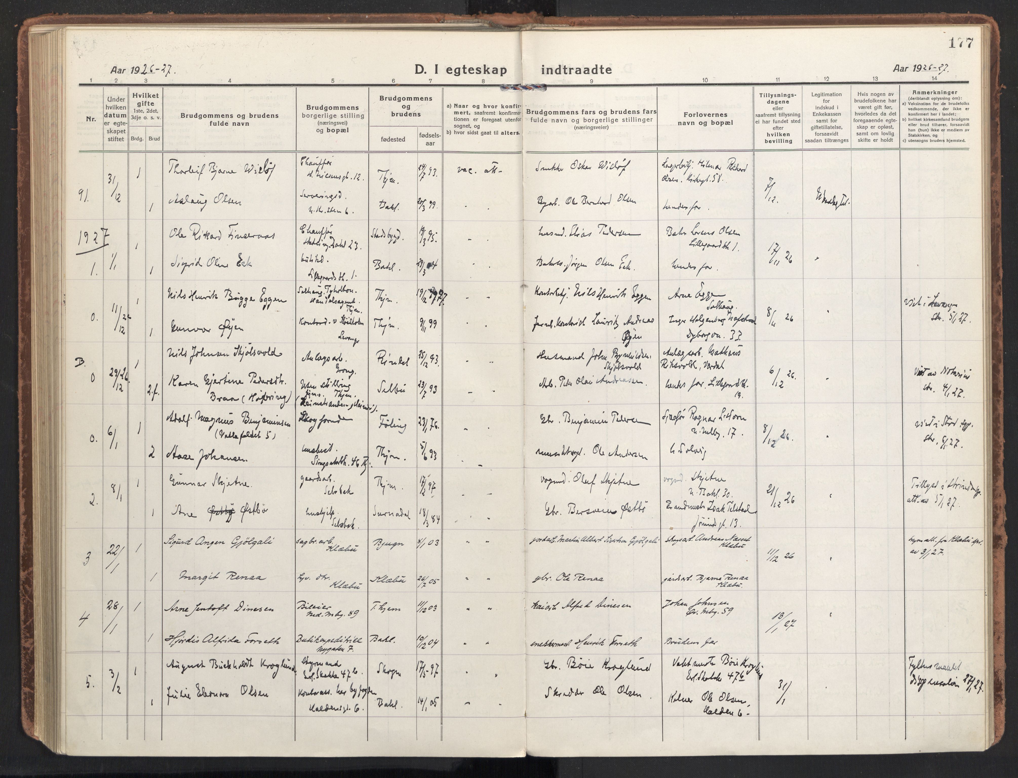 Ministerialprotokoller, klokkerbøker og fødselsregistre - Sør-Trøndelag, SAT/A-1456/604/L0206: Parish register (official) no. 604A26, 1917-1931, p. 177