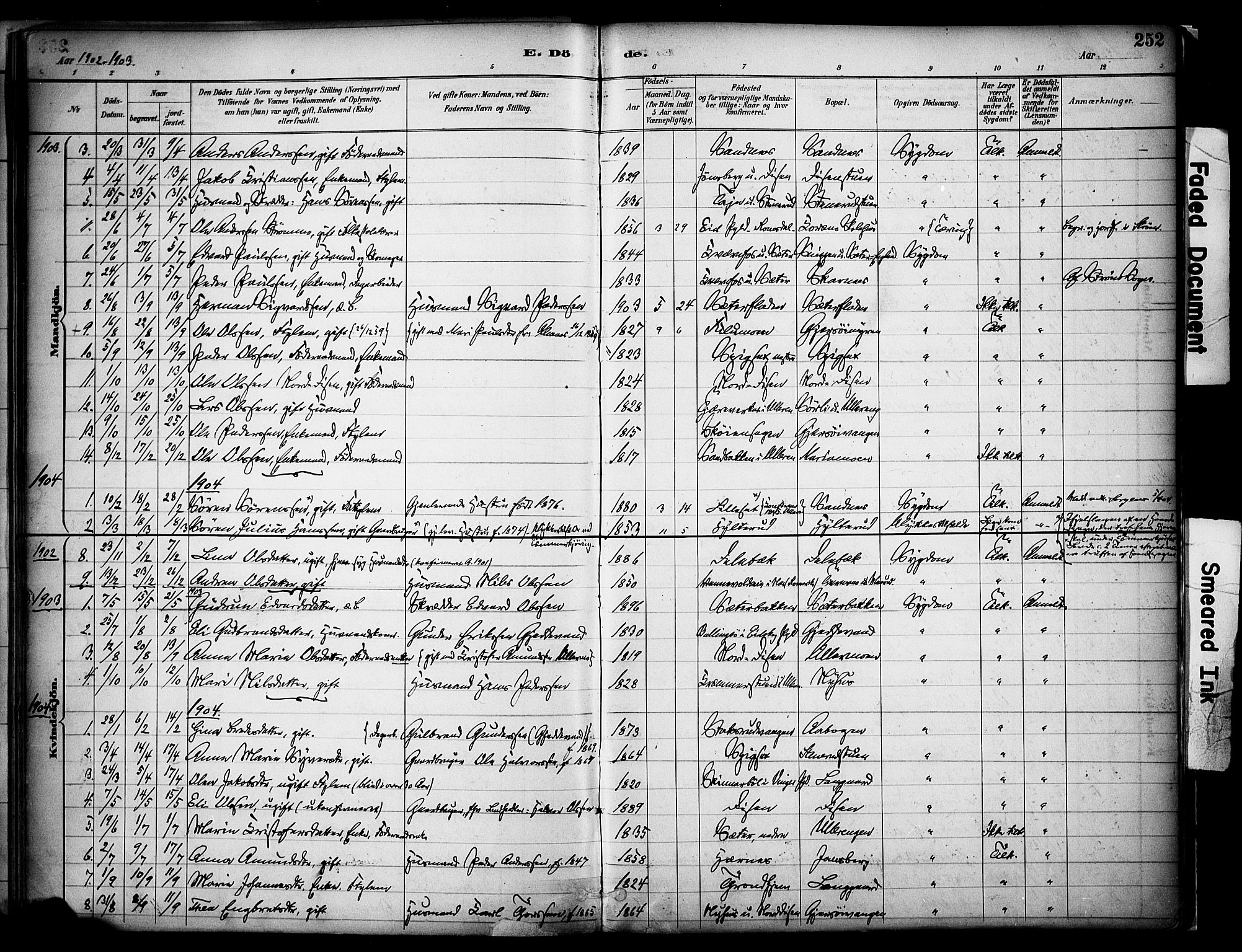 Sør-Odal prestekontor, SAH/PREST-030/H/Ha/Haa/L0008: Parish register (official) no. 8, 1886-1922, p. 252