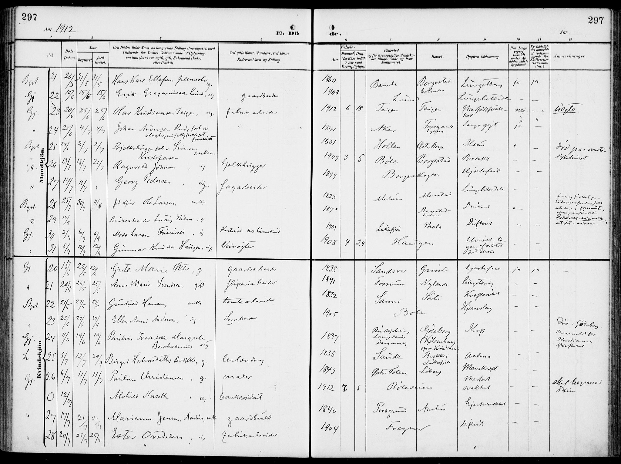 Gjerpen kirkebøker, SAKO/A-265/F/Fa/L0012: Parish register (official) no. I 12, 1905-1913, p. 297