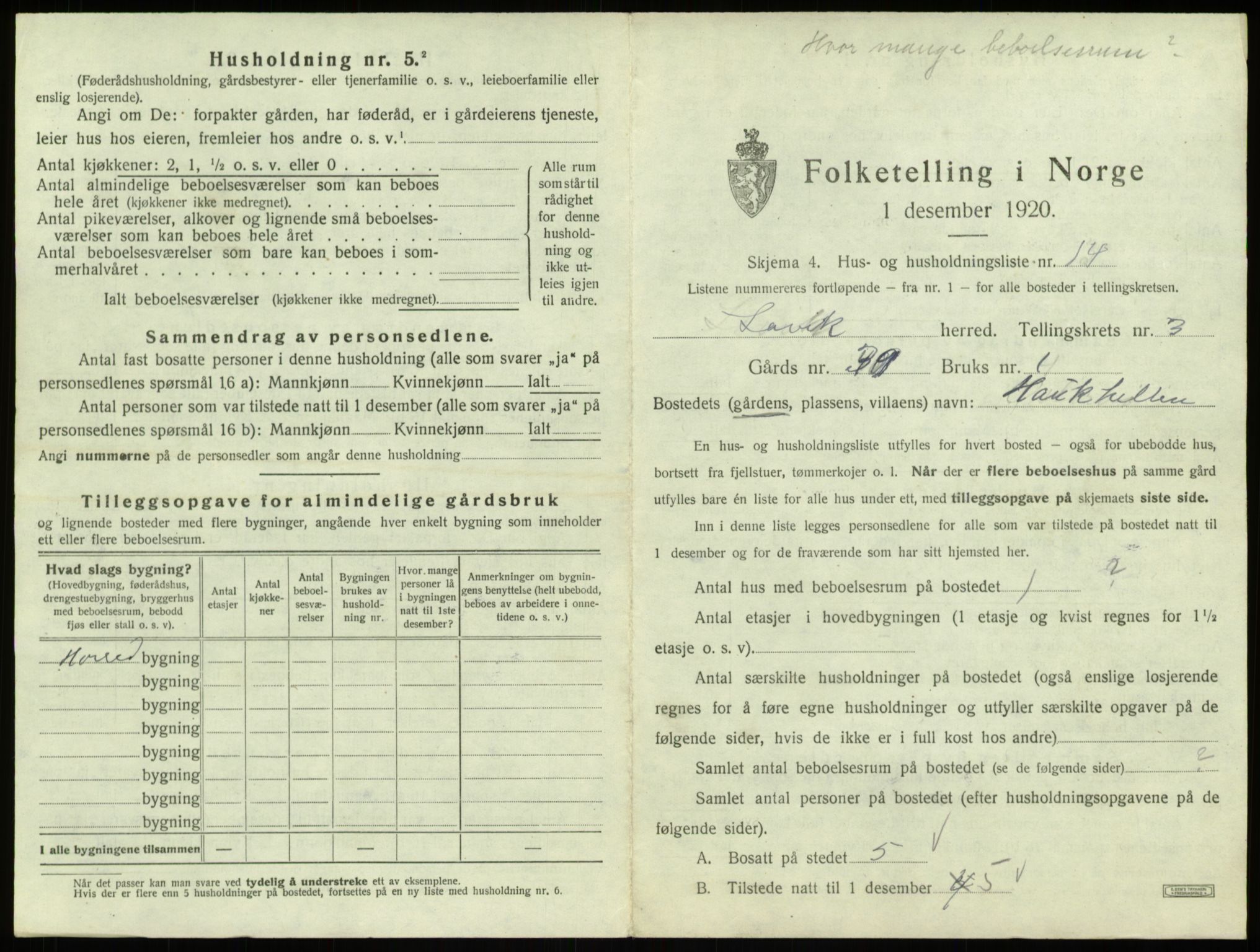 SAB, 1920 census for Lavik, 1920, p. 95