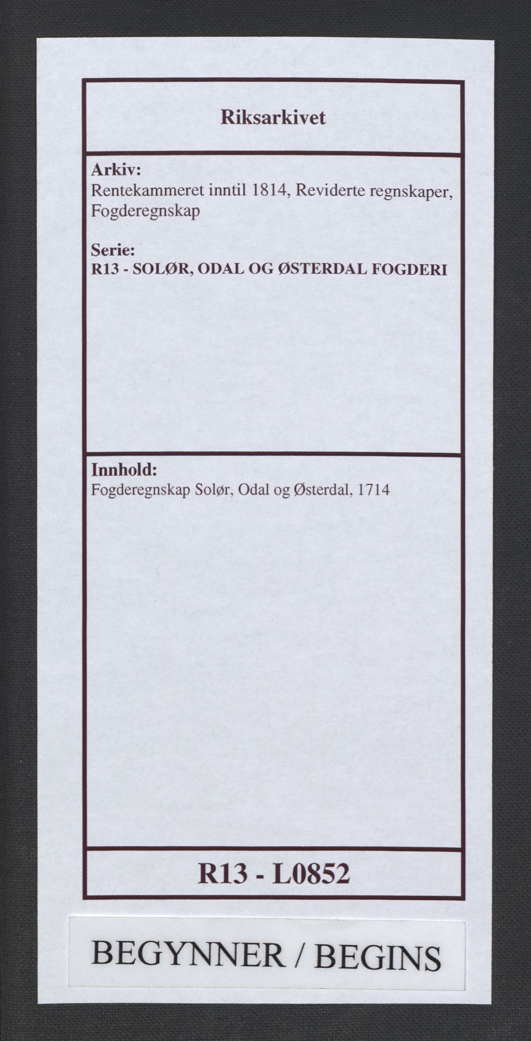 Rentekammeret inntil 1814, Reviderte regnskaper, Fogderegnskap, AV/RA-EA-4092/R13/L0852: Fogderegnskap Solør, Odal og Østerdal, 1714, p. 1