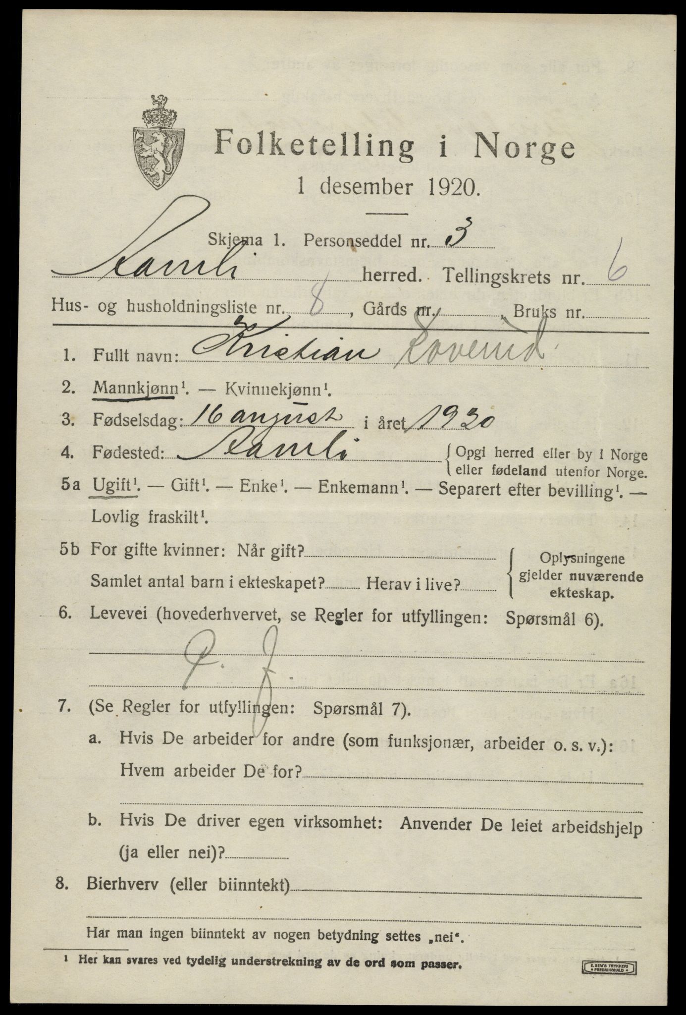 SAK, 1920 census for Åmli, 1920, p. 2707