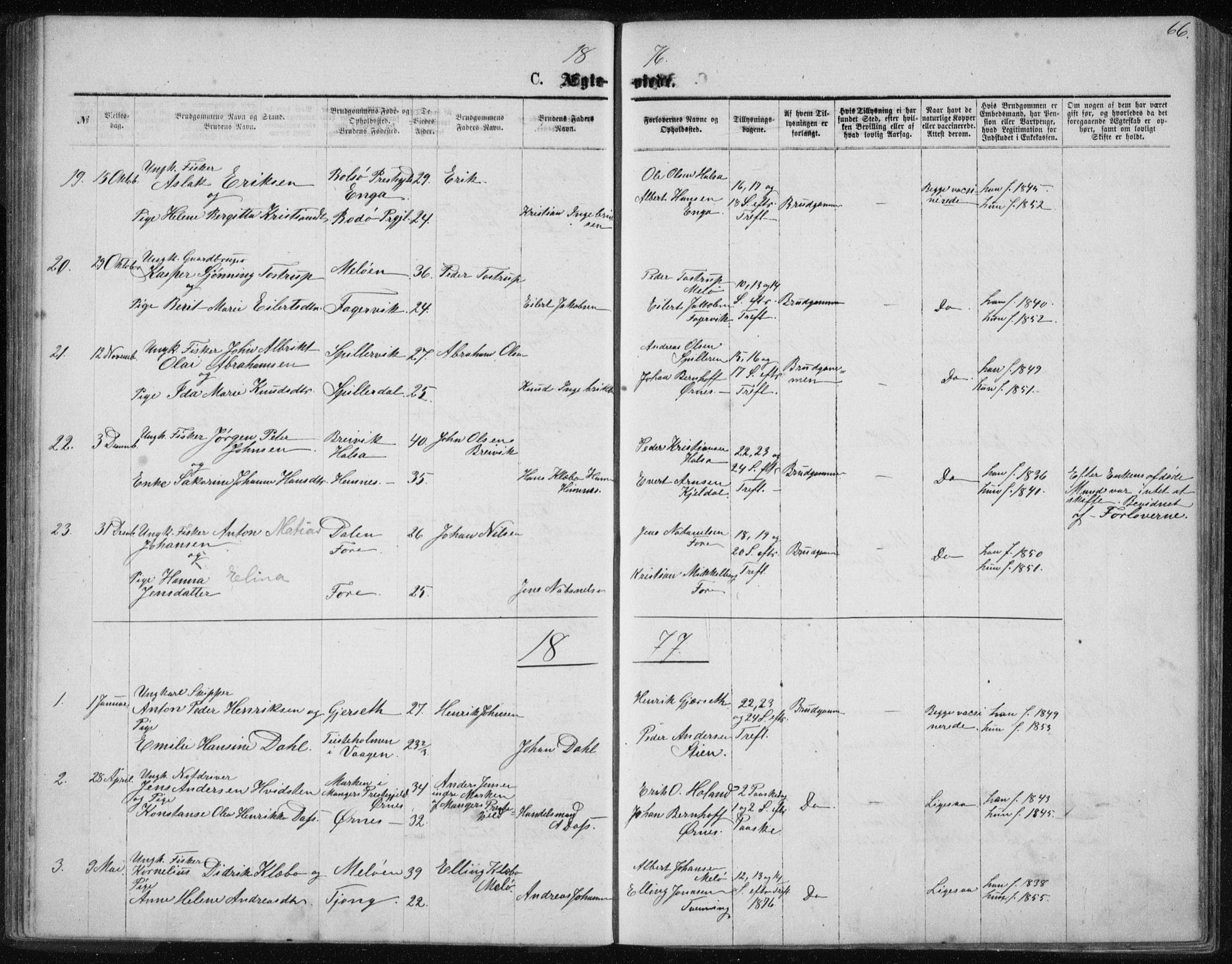 Ministerialprotokoller, klokkerbøker og fødselsregistre - Nordland, AV/SAT-A-1459/843/L0635: Parish register (copy) no. 843C04, 1872-1887, p. 66