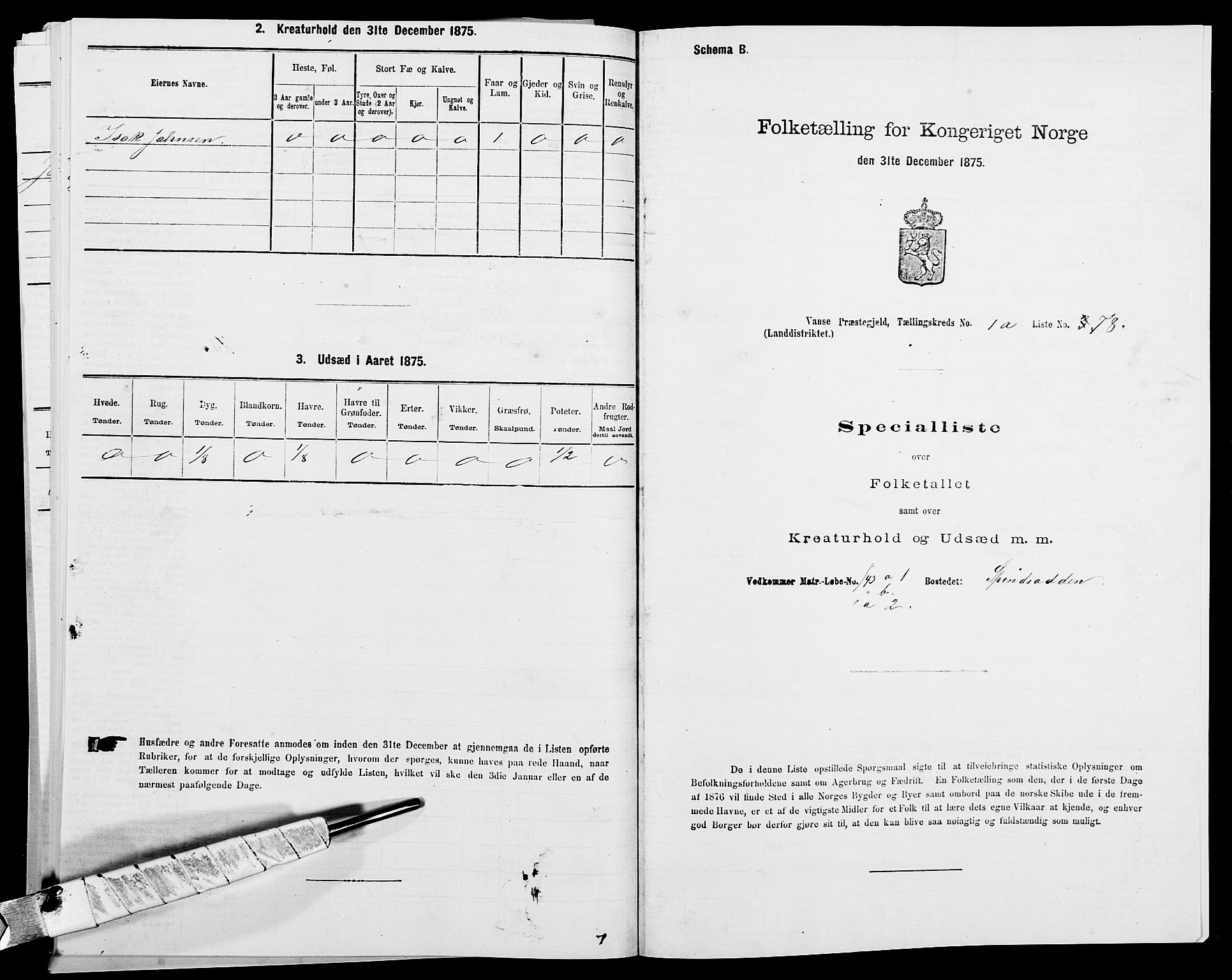 SAK, 1875 census for 1041L Vanse/Vanse og Farsund, 1875, p. 260