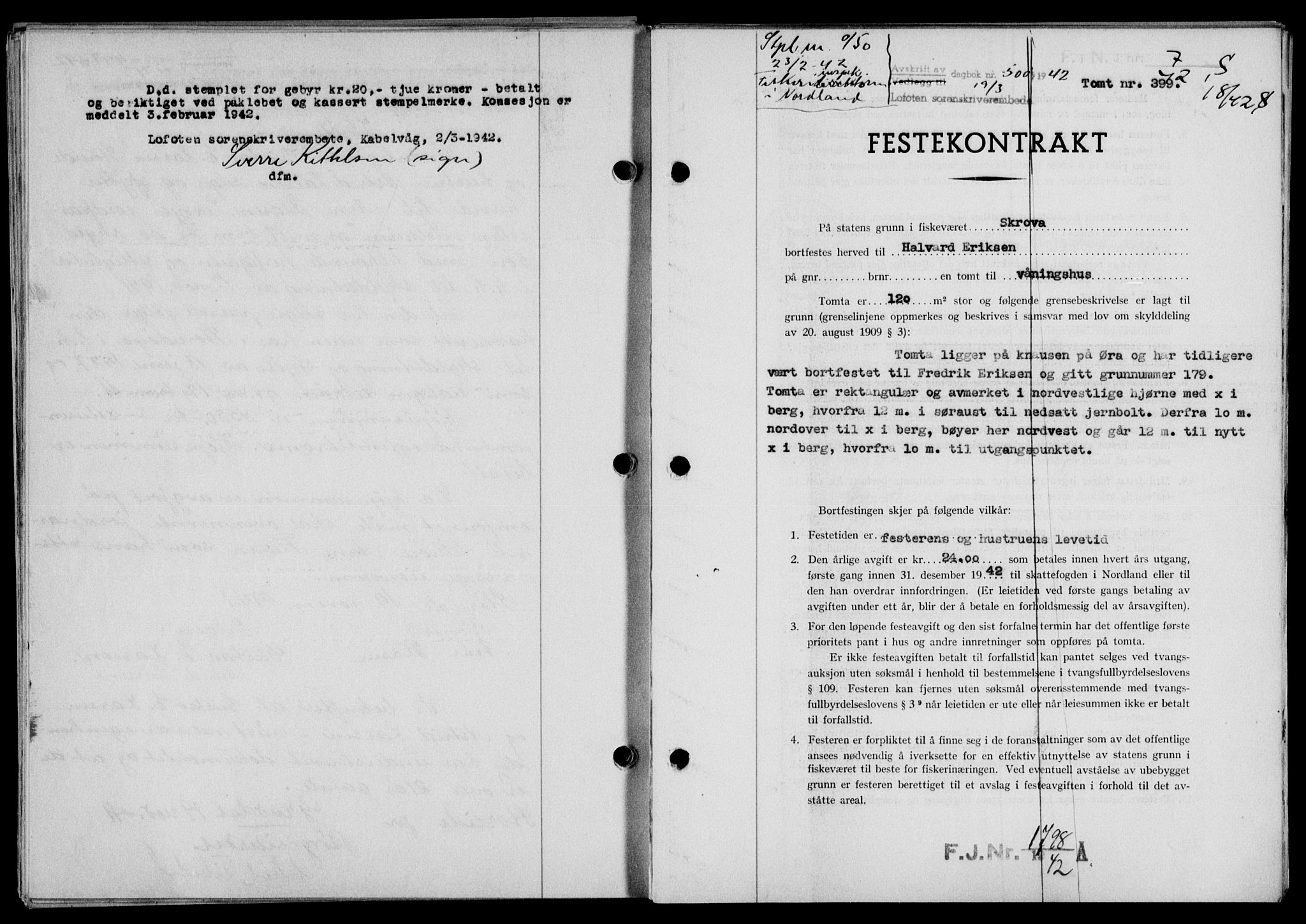 Lofoten sorenskriveri, SAT/A-0017/1/2/2C/L0009a: Mortgage book no. 9a, 1941-1942, Diary no: : 500/1942